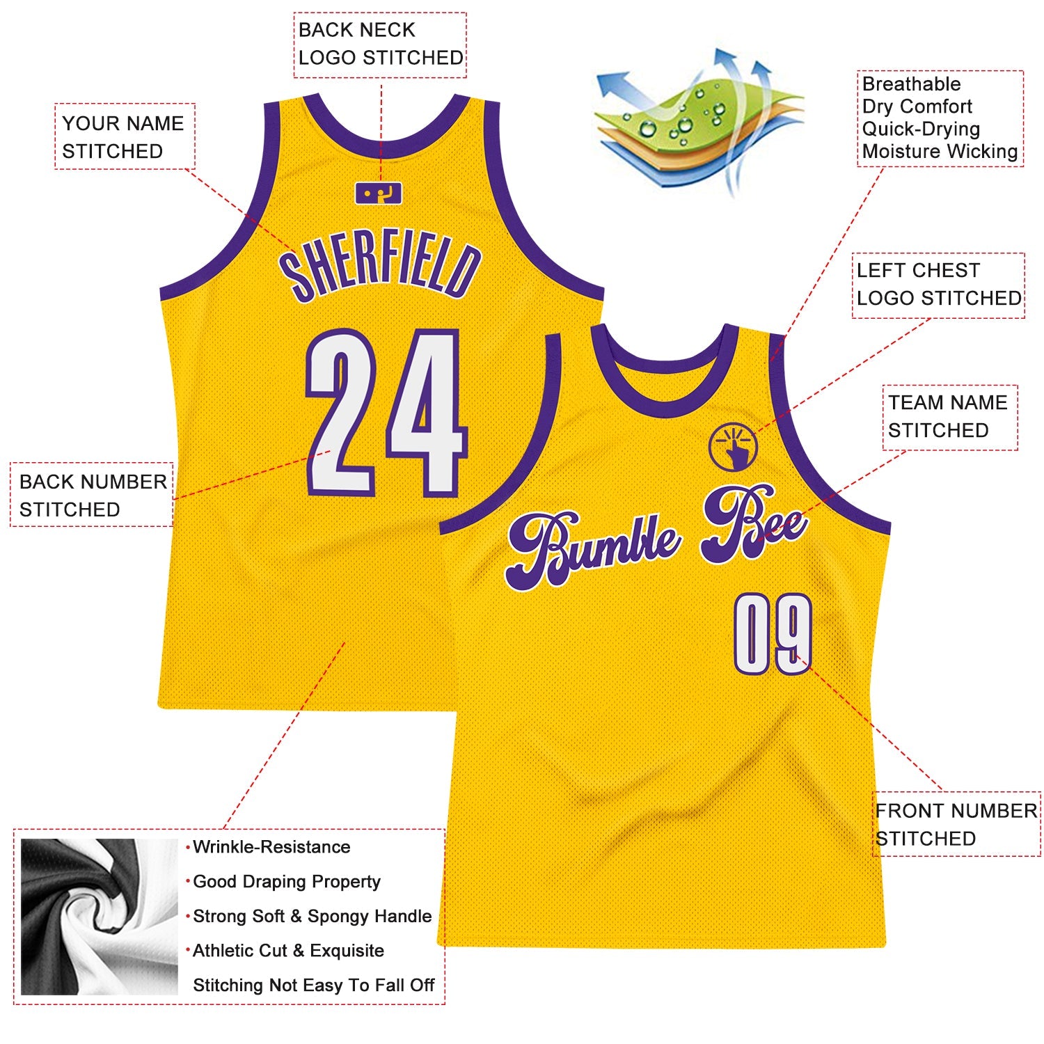 Custom Gold White-Purple Authentic Throwback Basketball Jersey view 2
