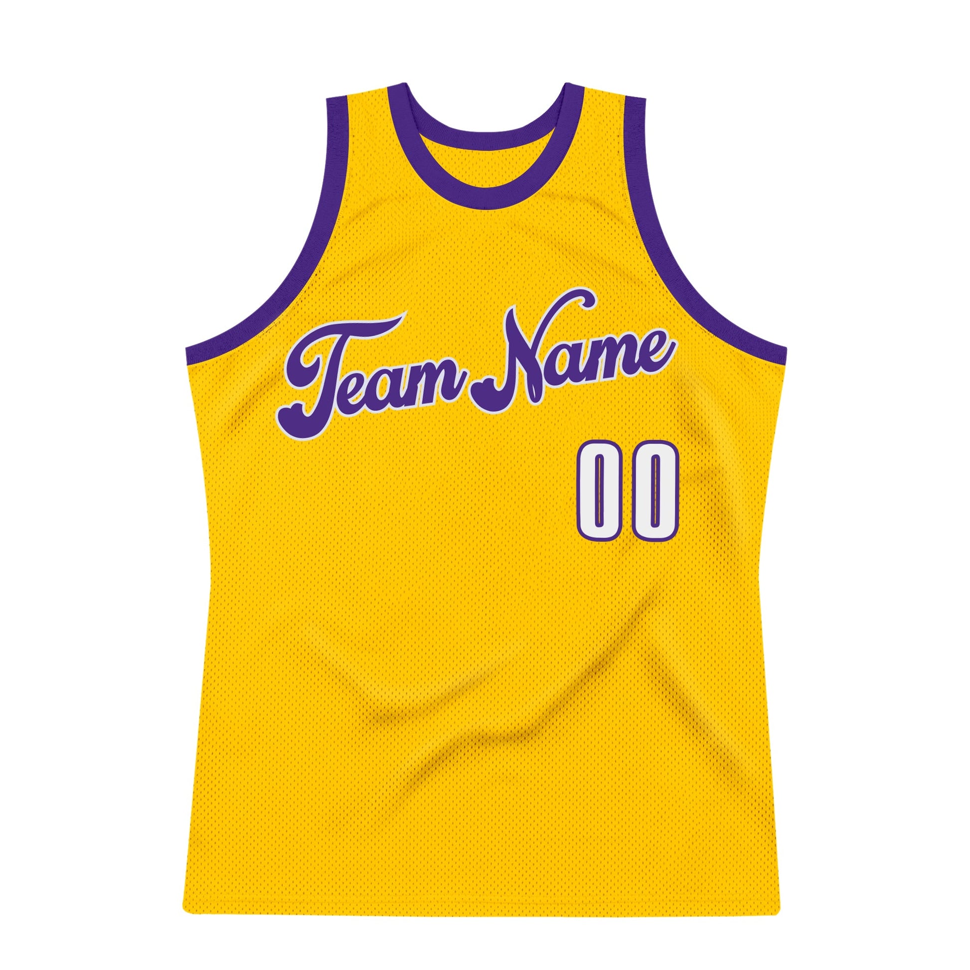Custom Gold White-Purple Authentic Throwback Basketball Jersey view 6
