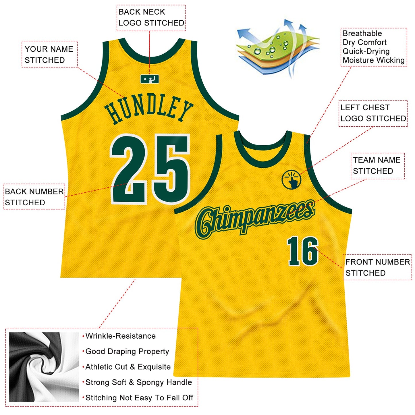 Custom Gold Hunter Green-White Authentic Throwback Basketball Jersey view 2