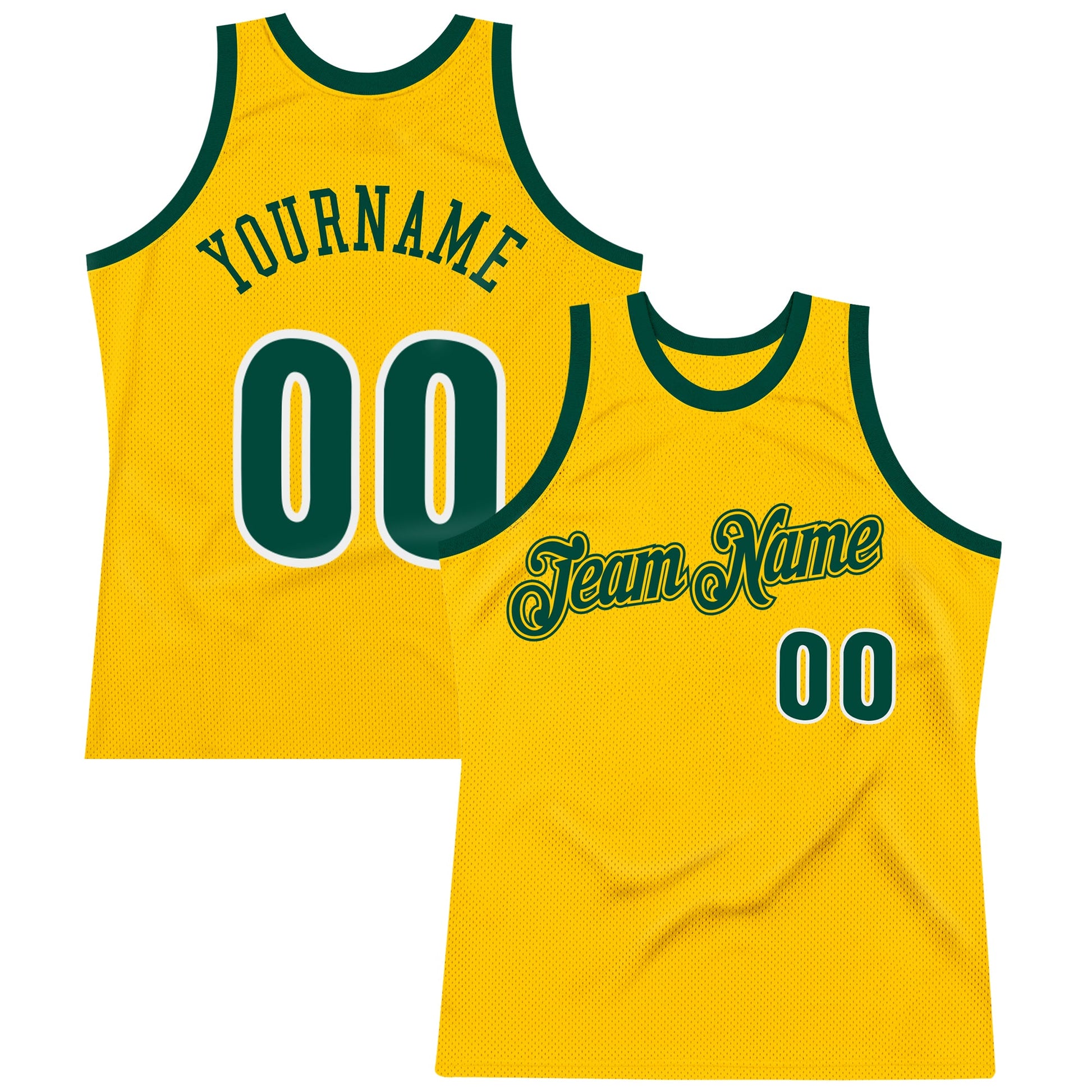 Custom Gold Hunter Green-White Authentic Throwback Basketball Jersey - Main View