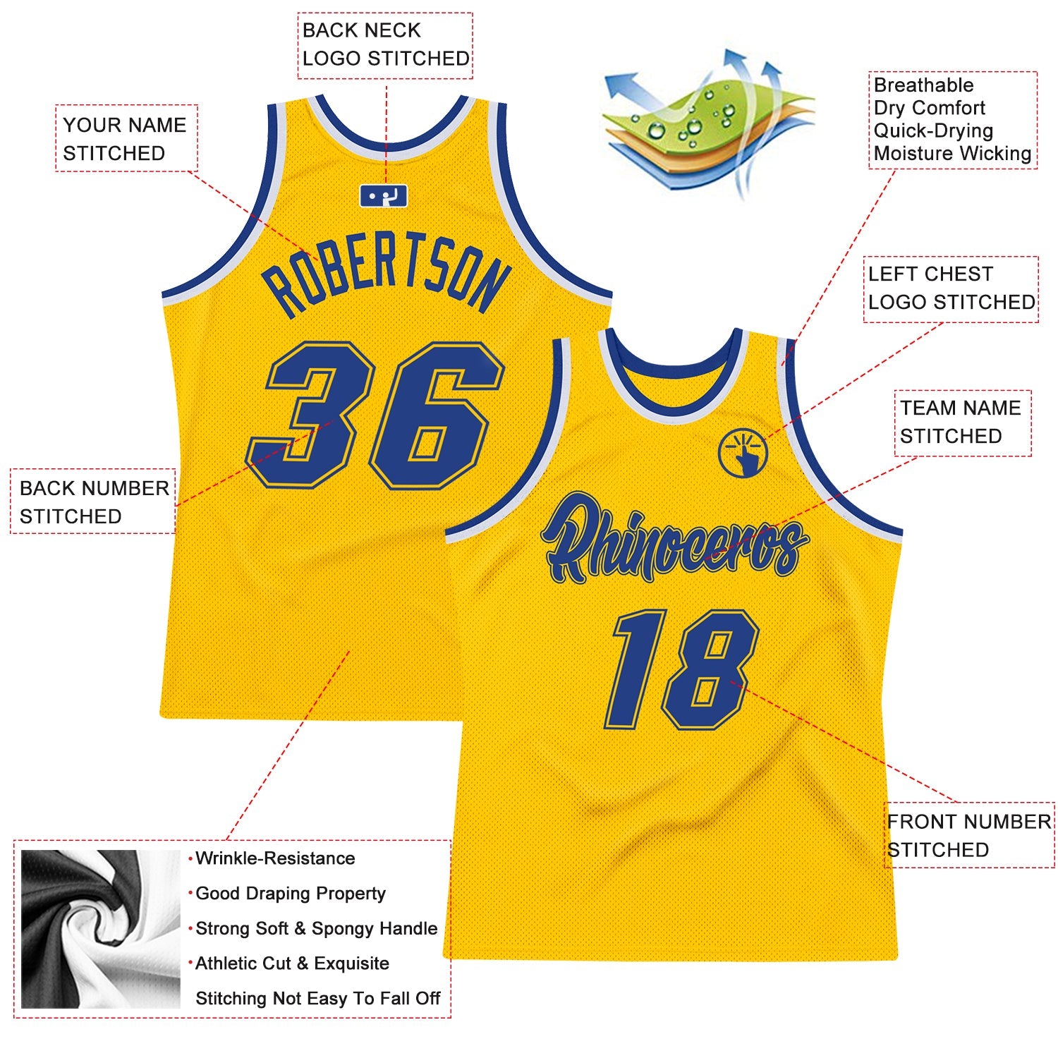 Custom Gold Royal-White Authentic Throwback Basketball Jersey view 2
