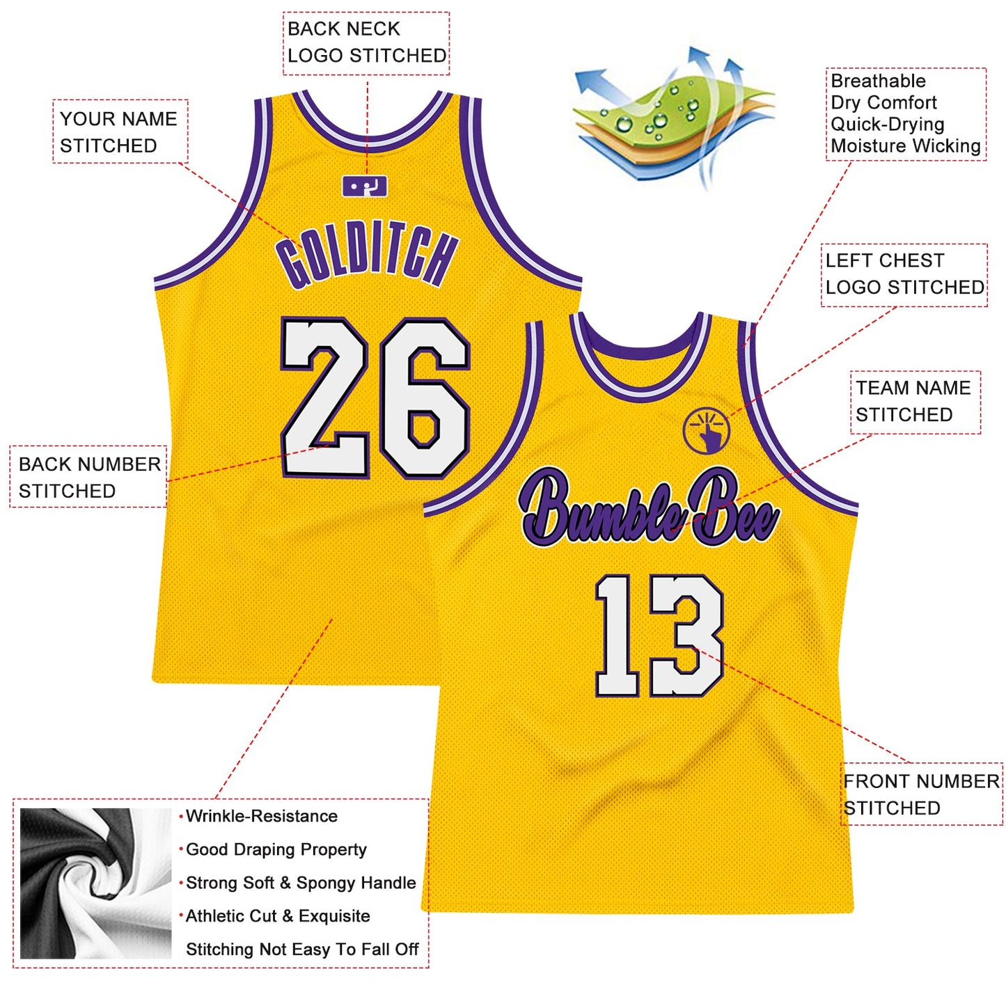 Custom Gold White-Purple Authentic Throwback Basketball Jersey view 2