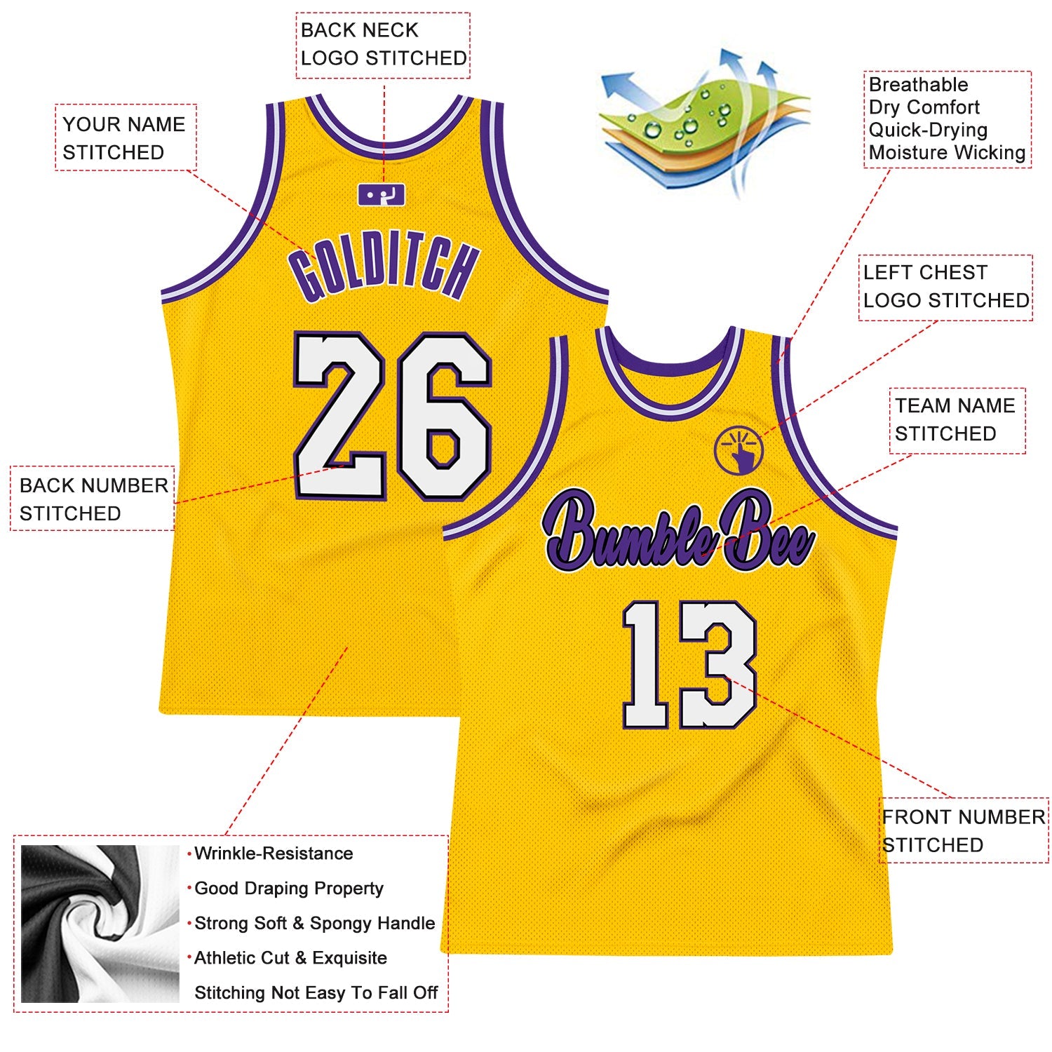 Custom Gold White-Purple Authentic Throwback Basketball Jersey view 2
