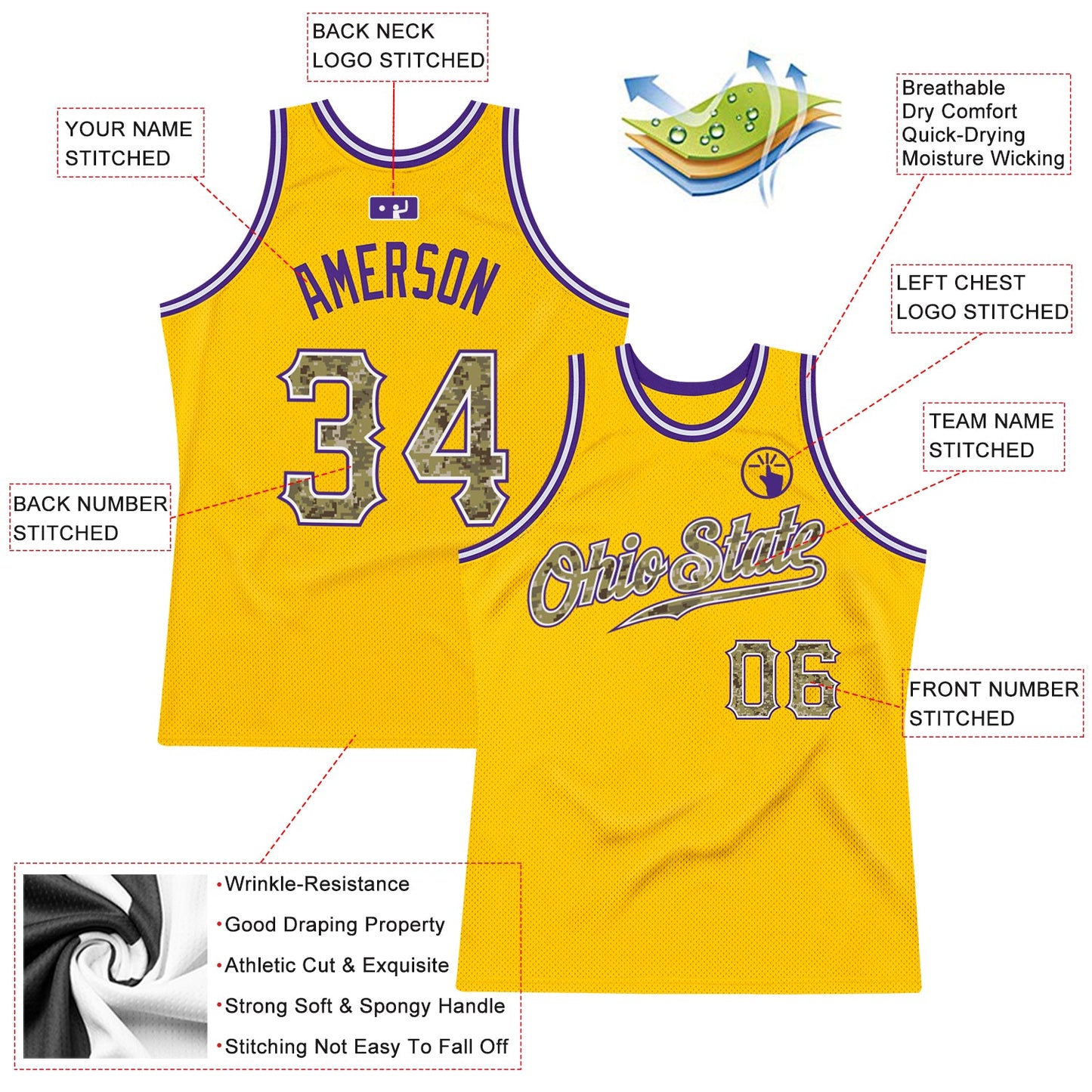 Custom Gold Camo-Purple Authentic Throwback Basketball Jersey view 2