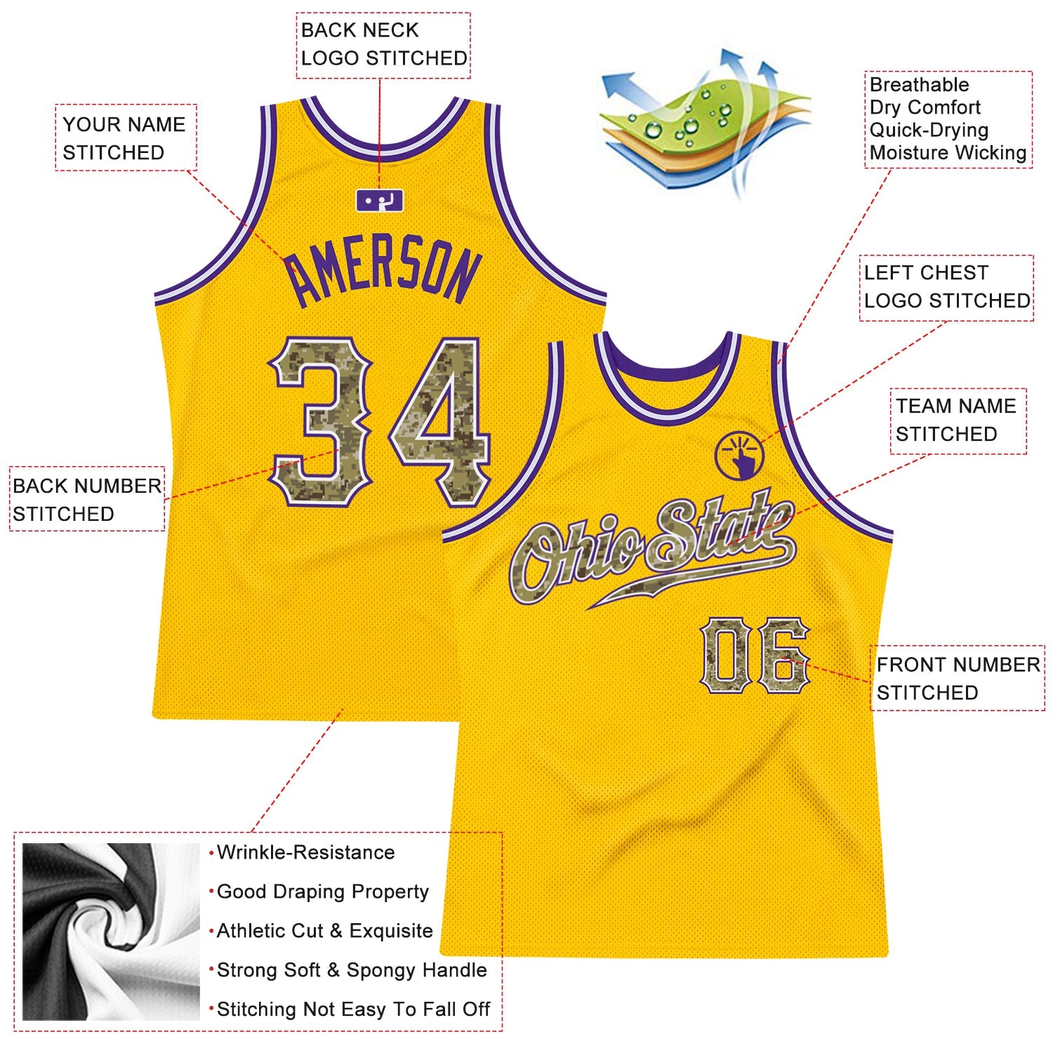 Custom Gold Camo-Purple Authentic Throwback Basketball Jersey view 2