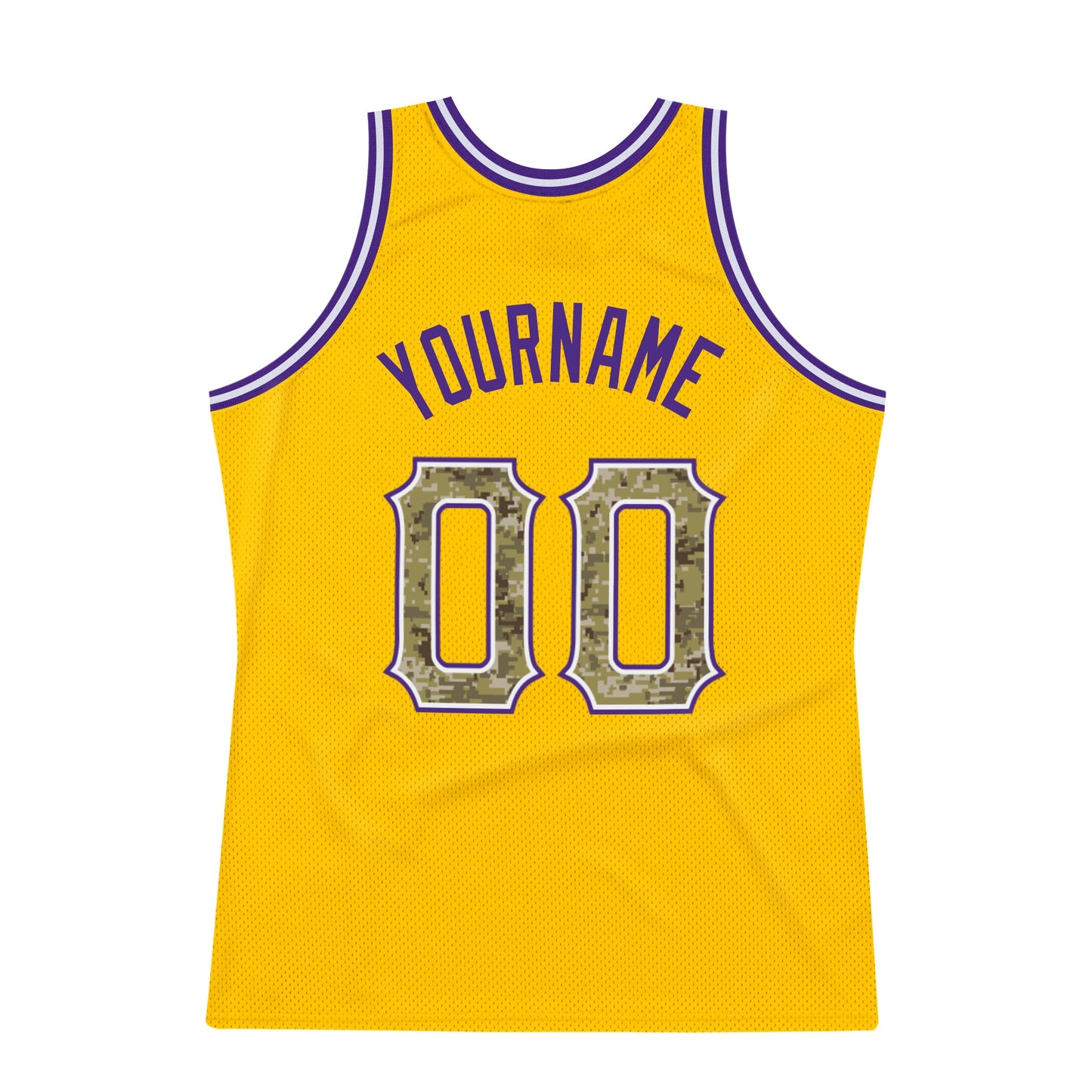 Custom Gold Camo-Purple Authentic Throwback Basketball Jersey view 5