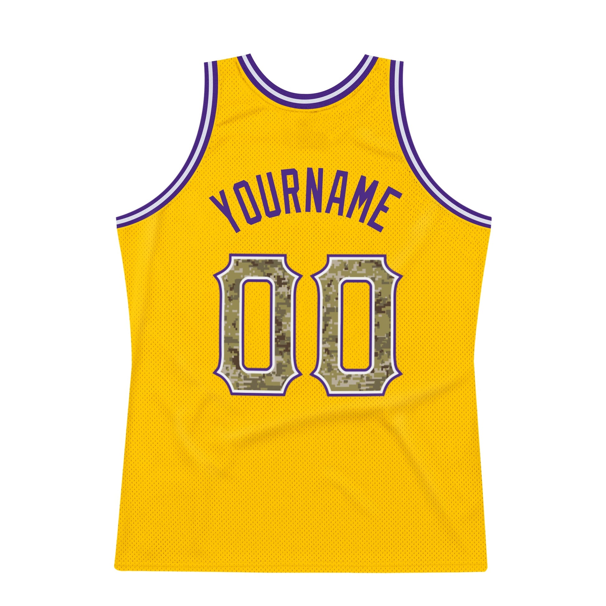 Custom Gold Camo-Purple Authentic Throwback Basketball Jersey view 5