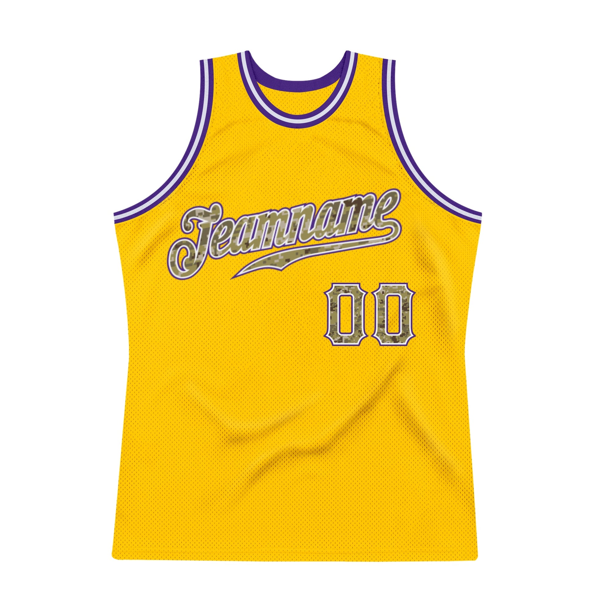 Custom Gold Camo-Purple Authentic Throwback Basketball Jersey view 6