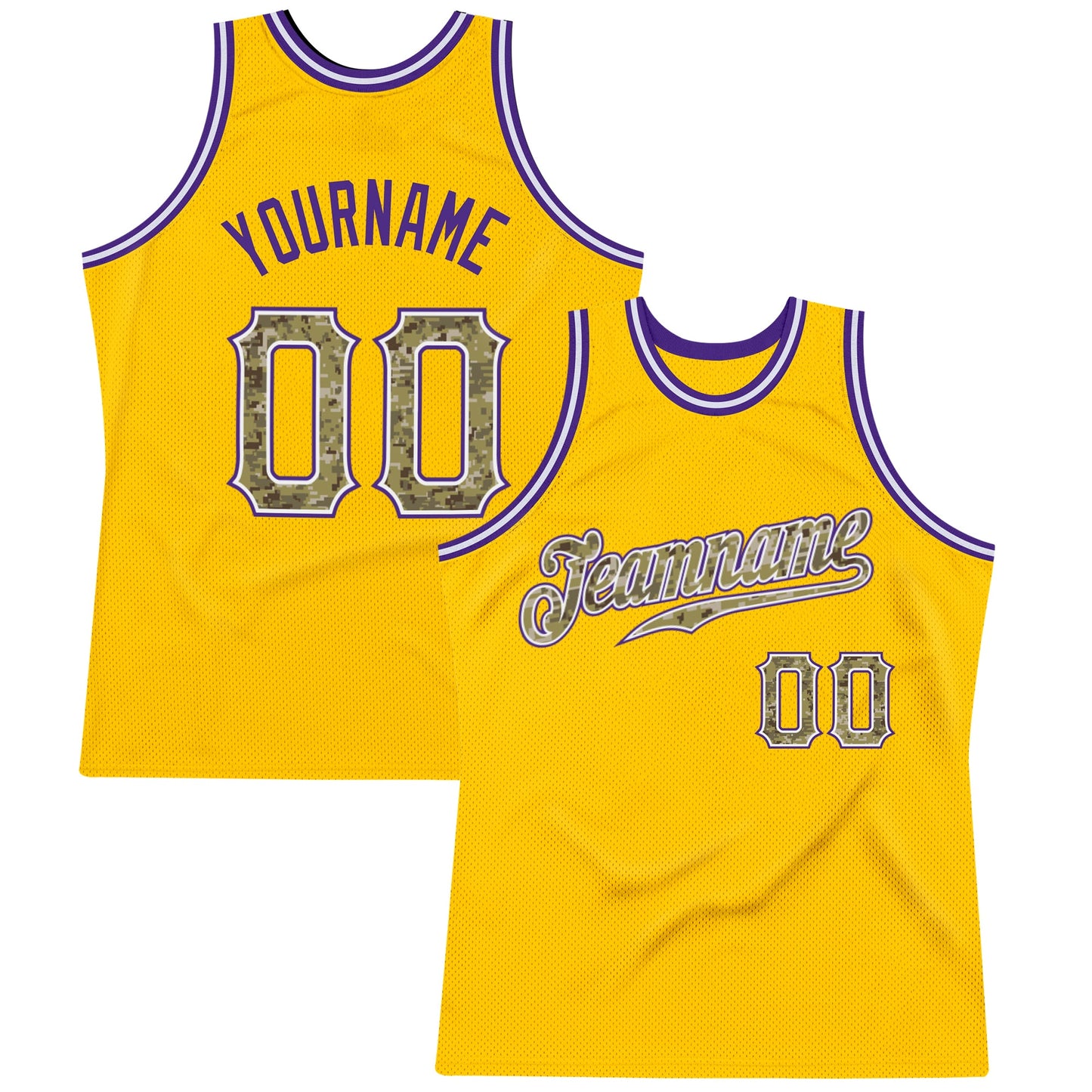 Custom Gold Camo-Purple Authentic Throwback Basketball Jersey - Main View