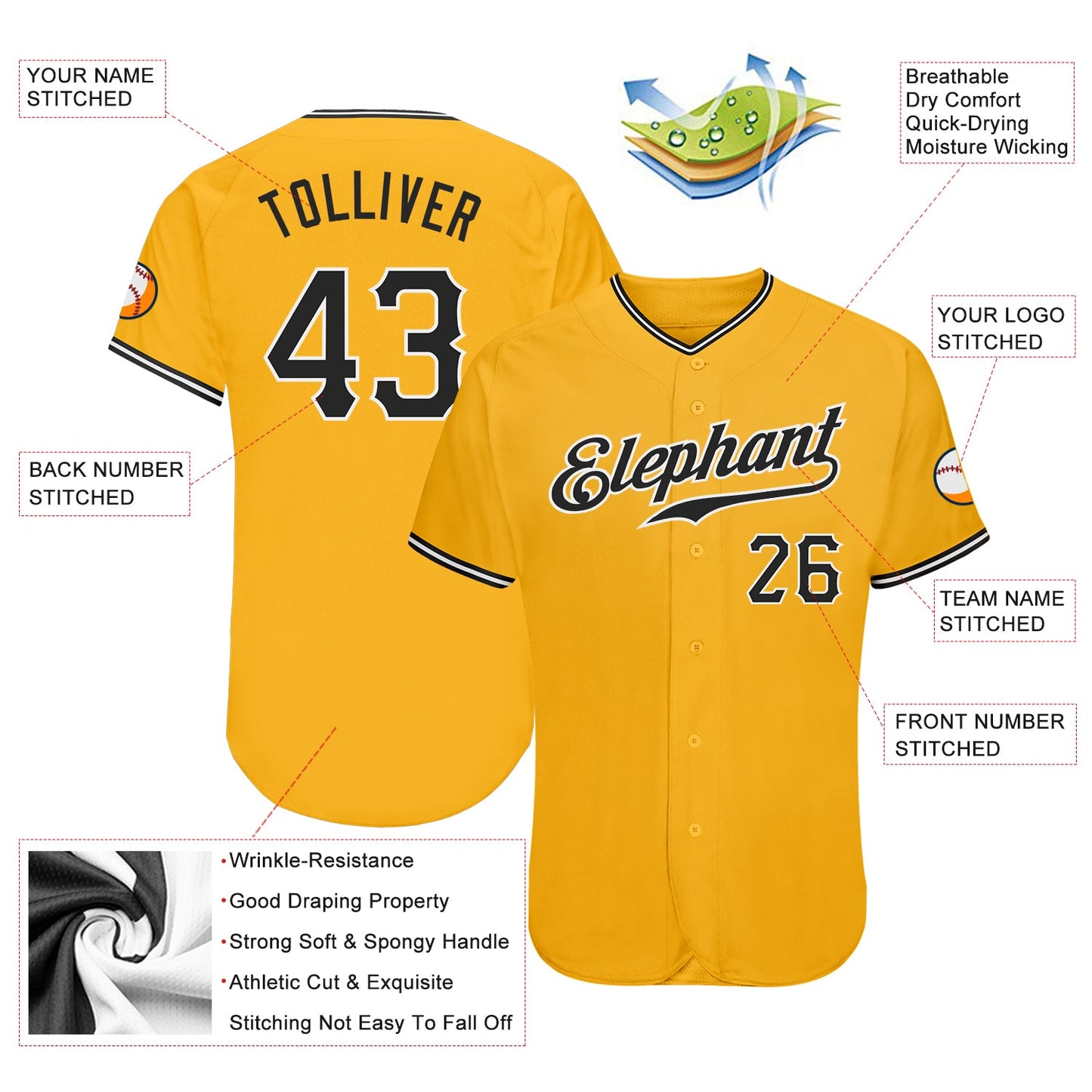 Custom Gold Black-White Authentic Baseball Jersey view 3