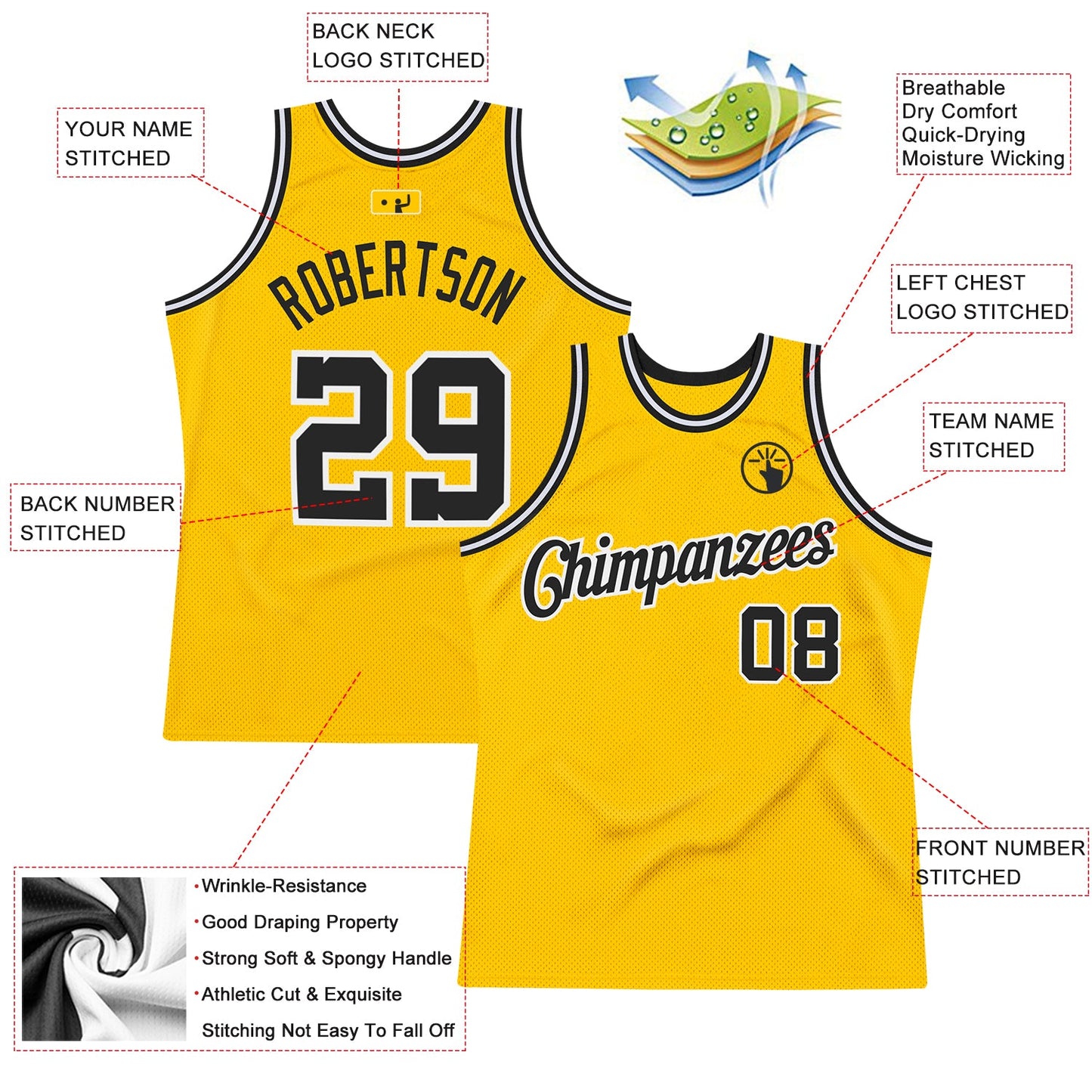 Custom Gold Black-White Authentic Throwback Basketball Jersey view 2