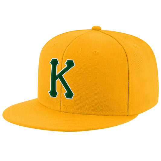 Custom Gold Green-White Stitched Adjustable Snapback Hat - Main View