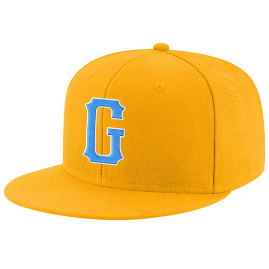 Custom Gold Powder Blue-White Stitched Adjustable Snapback Hat - Main View