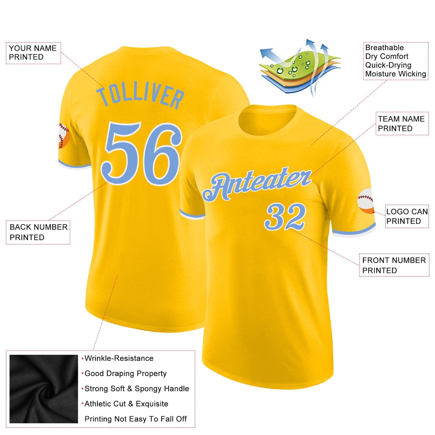 Custom Gold Light Blue-White Performance T-Shirt view 2