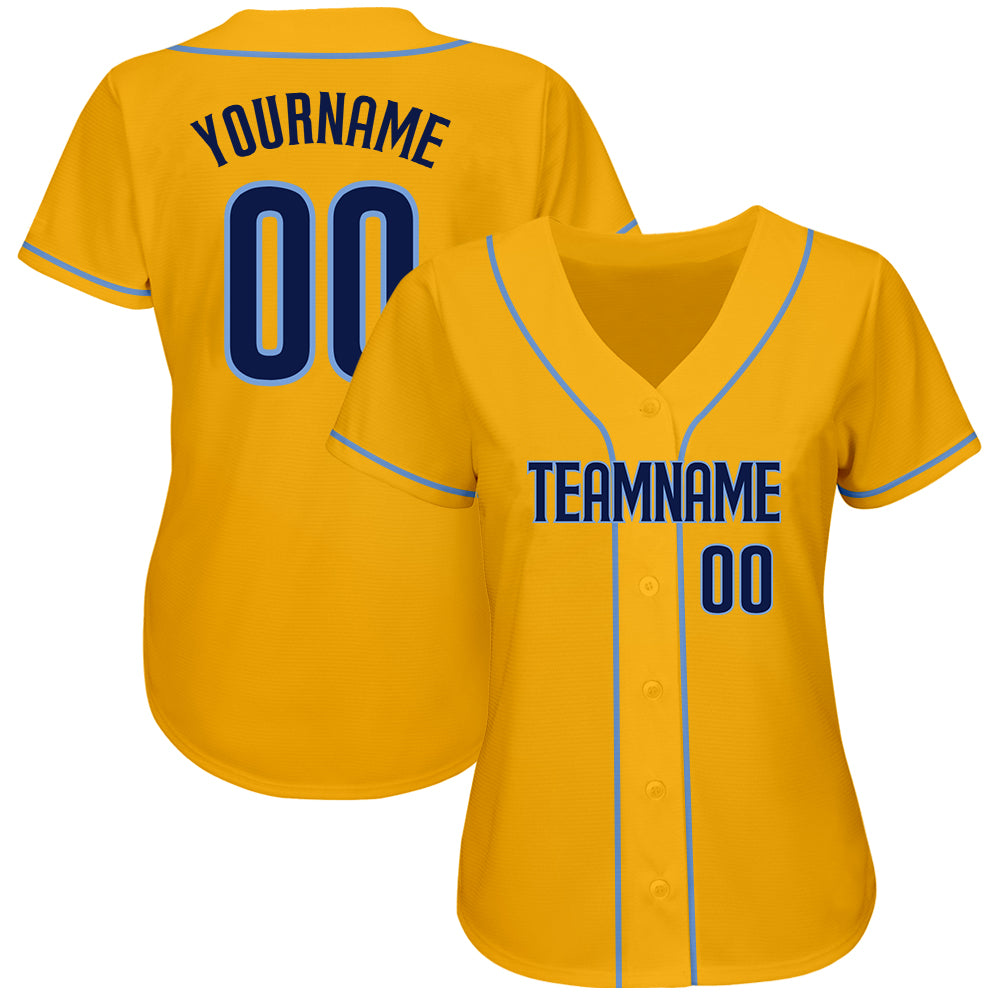 Custom Gold Navy-Light Blue Authentic Baseball Jersey view 2