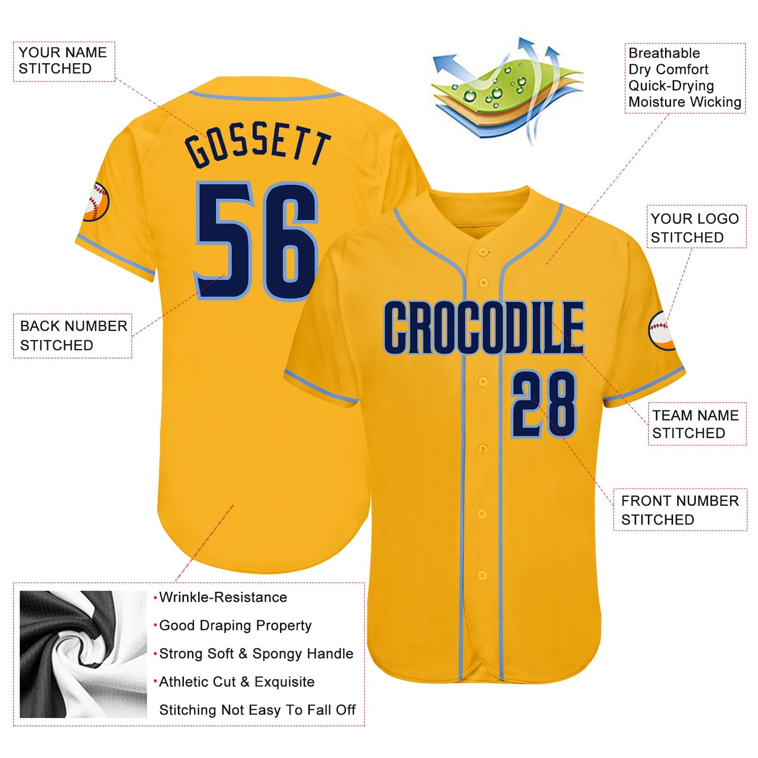 Custom Gold Navy-Light Blue Authentic Baseball Jersey view 3