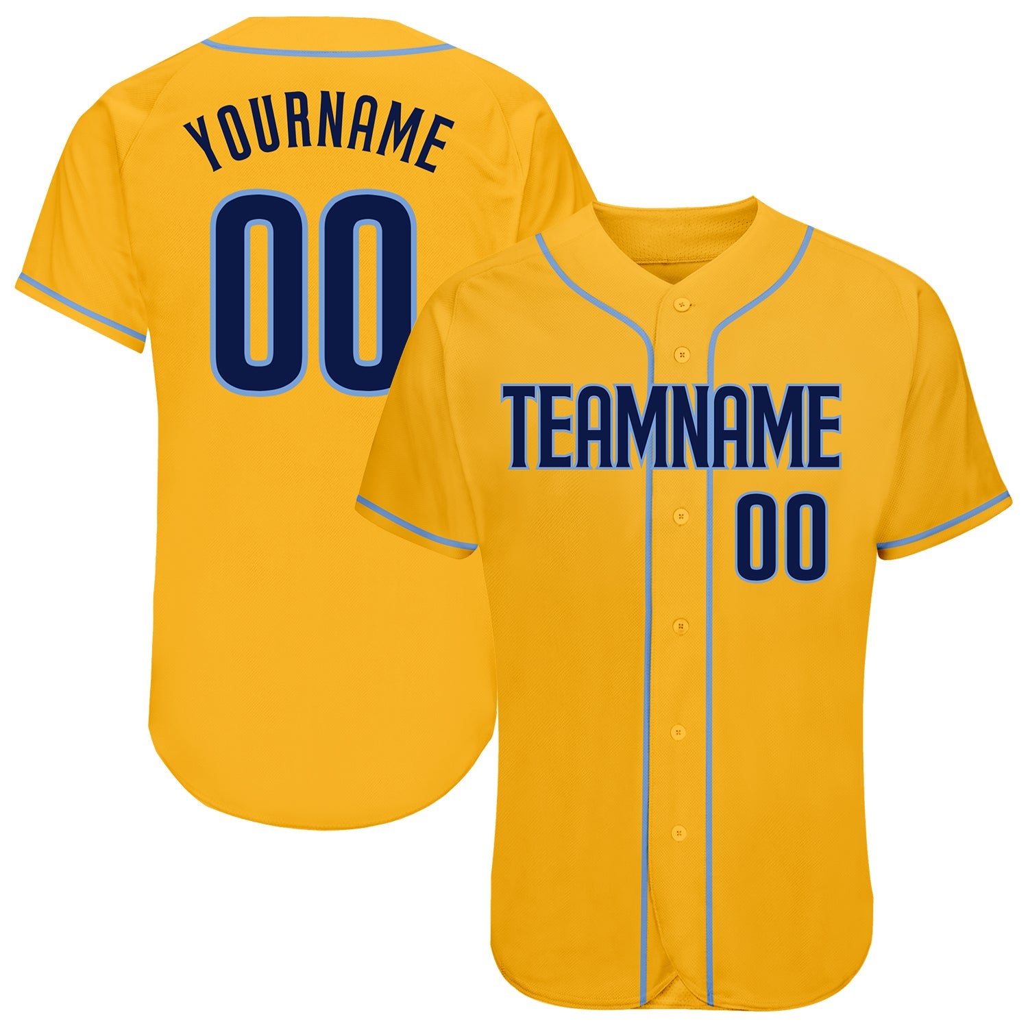 Custom Gold Navy-Light Blue Authentic Baseball Jersey - Main View