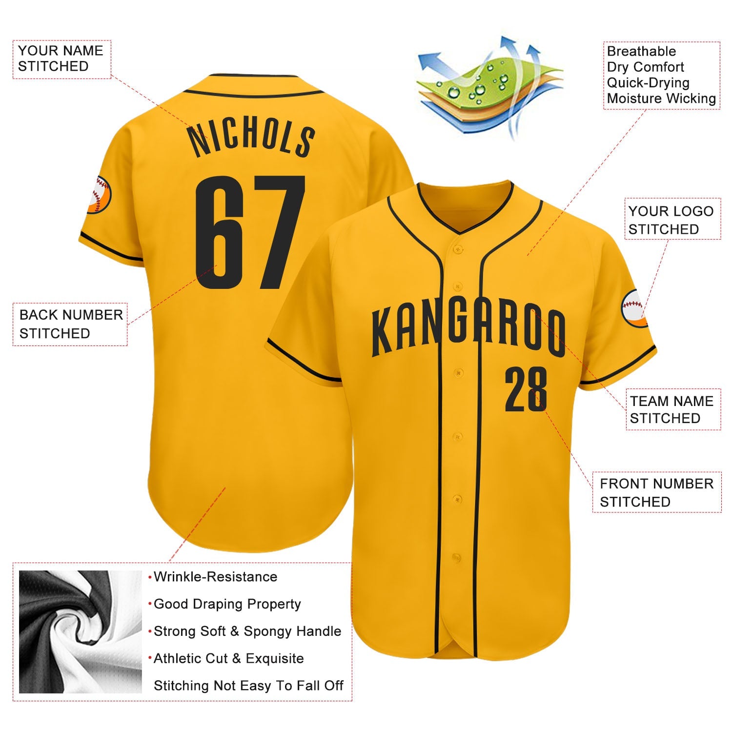 Custom Gold Black Authentic Baseball Jersey view 3