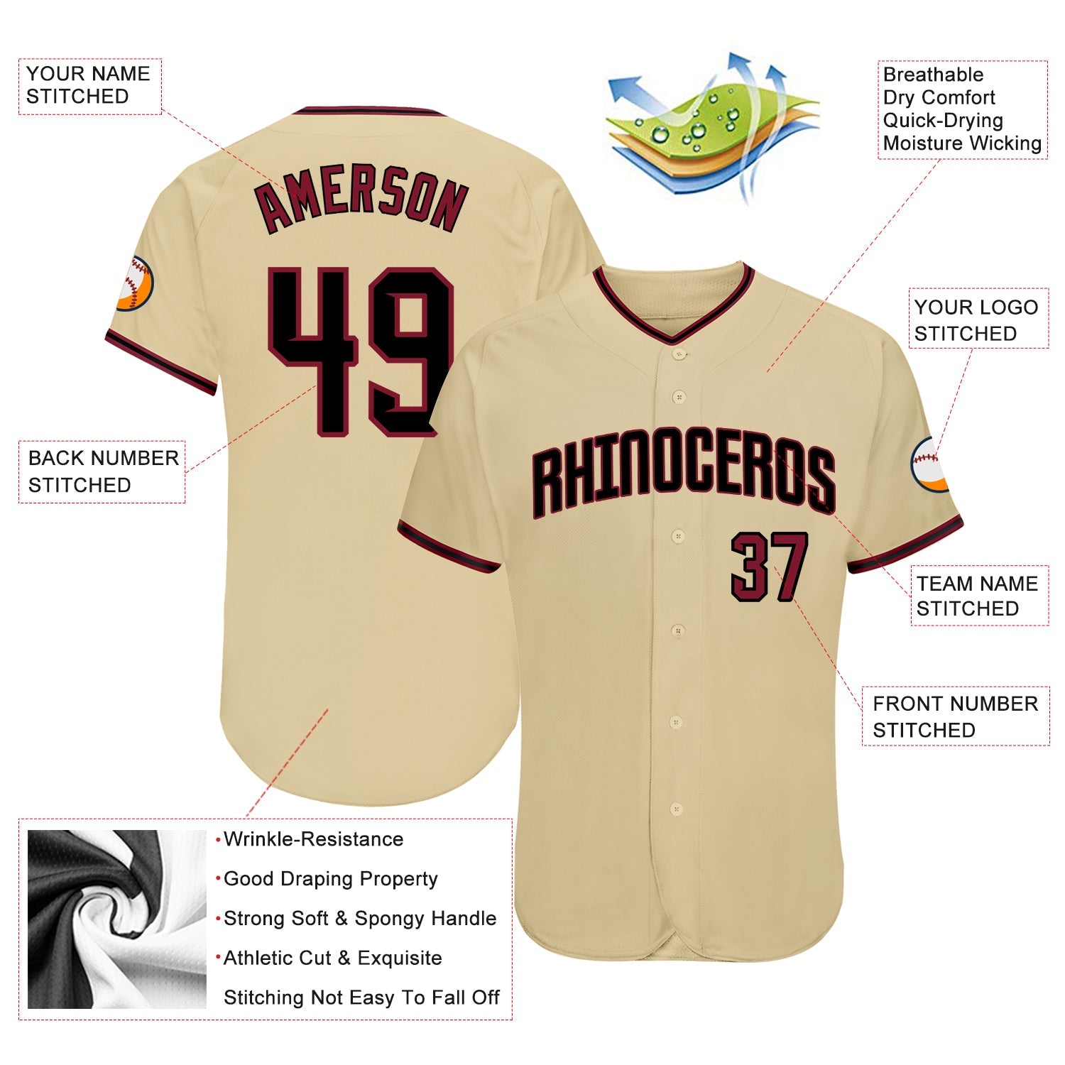 Custom Sand Crimson-Black Authentic Baseball Jersey view 3