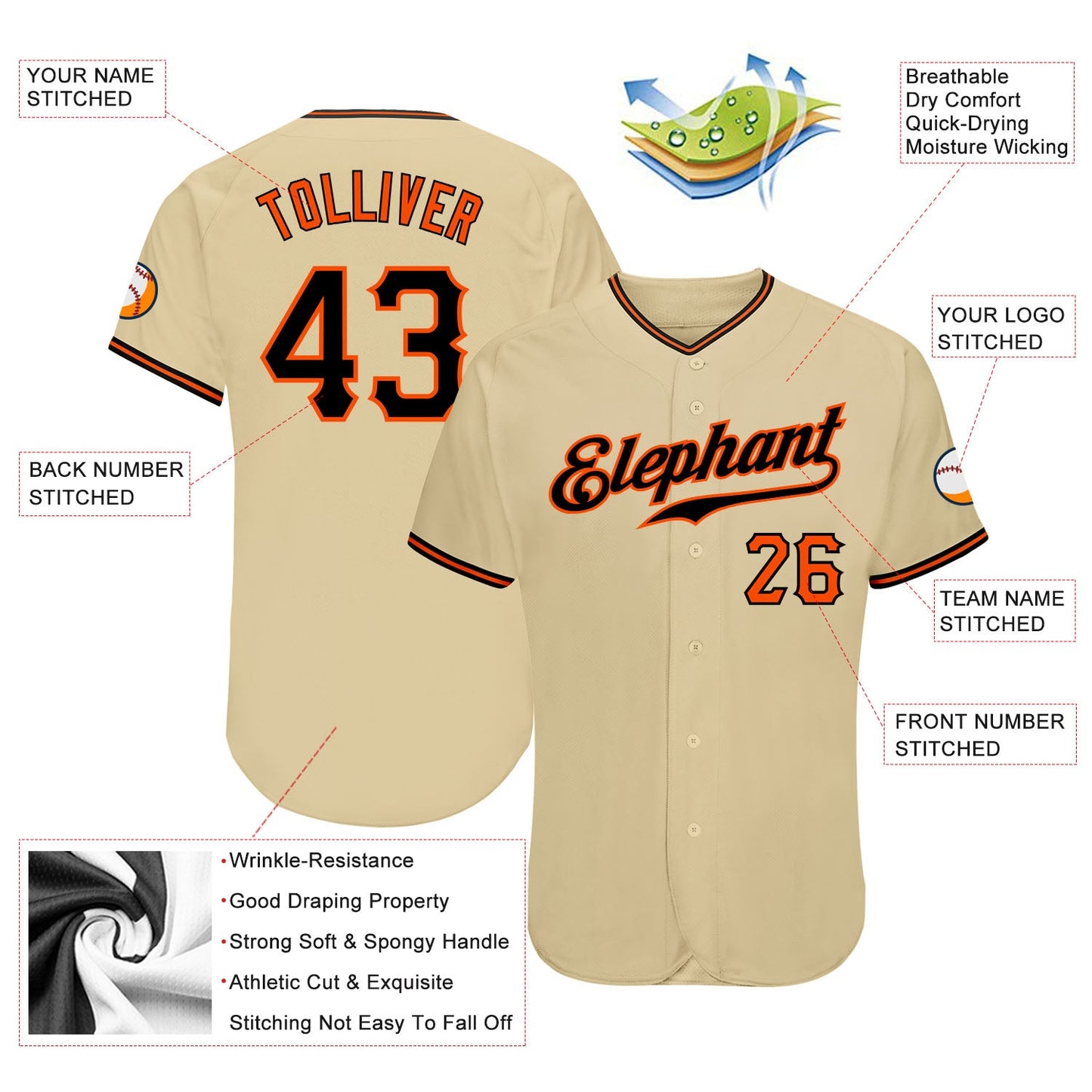 Custom Sand Black-Orange Authentic Baseball Jersey view 3