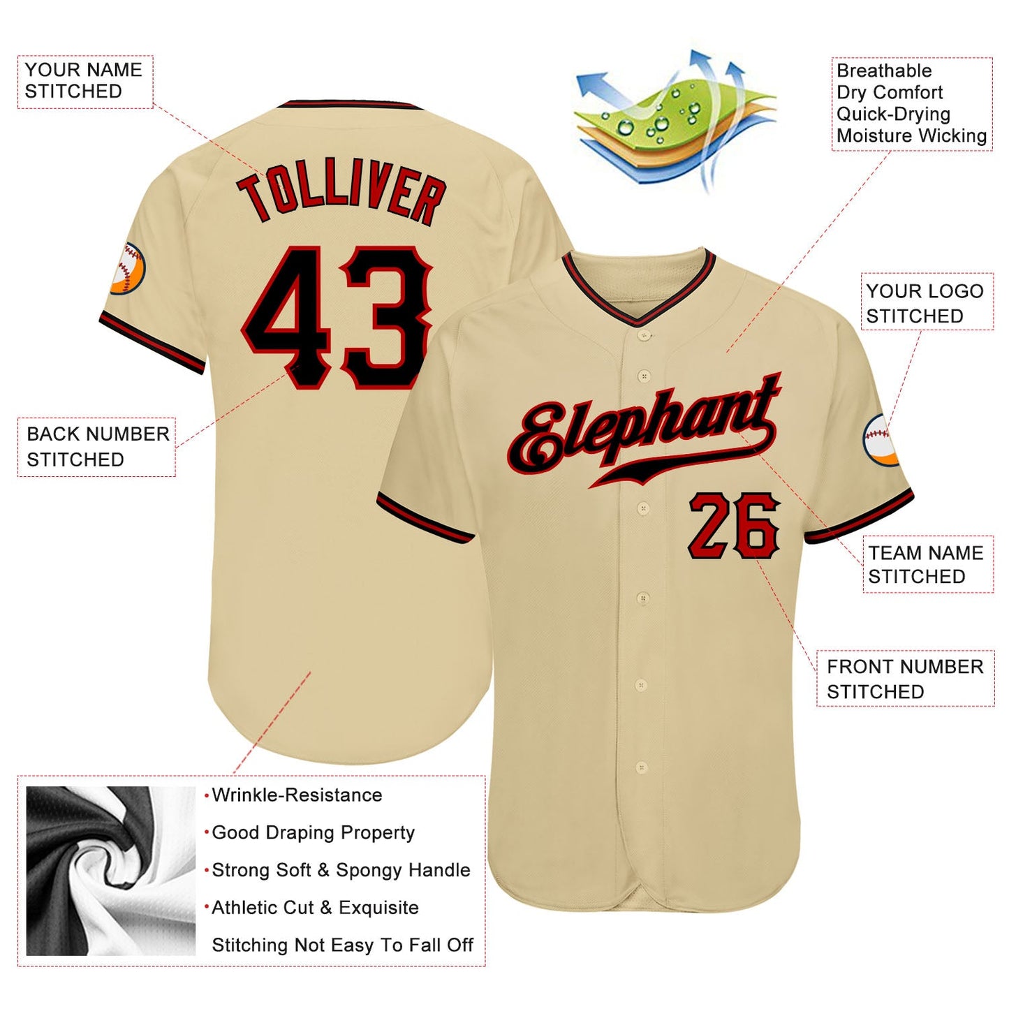 Custom Sand Black-Red Authentic Baseball Jersey view 3