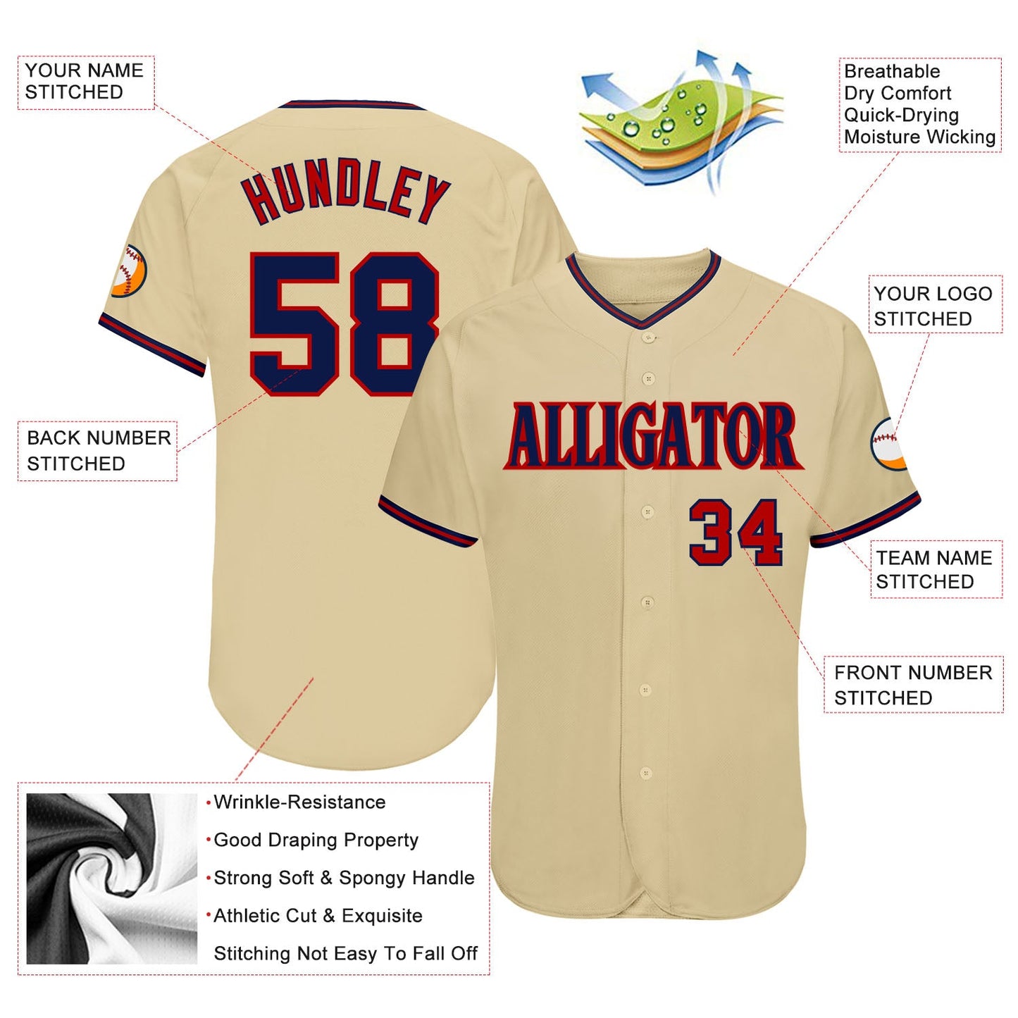 Custom Sand Navy-Red Authentic Baseball Jersey view 3