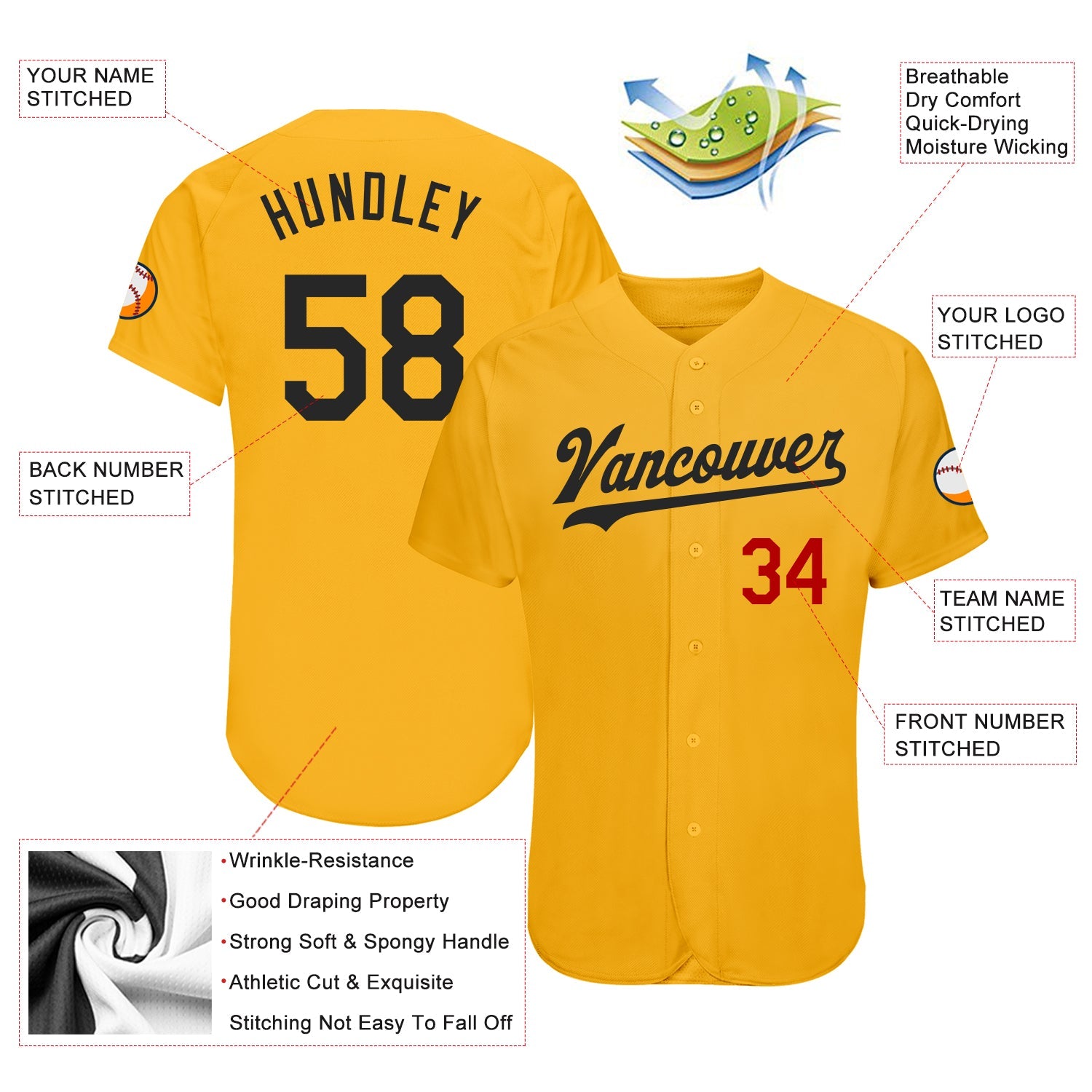 Custom Gold Black-Red Authentic Baseball Jersey view 3