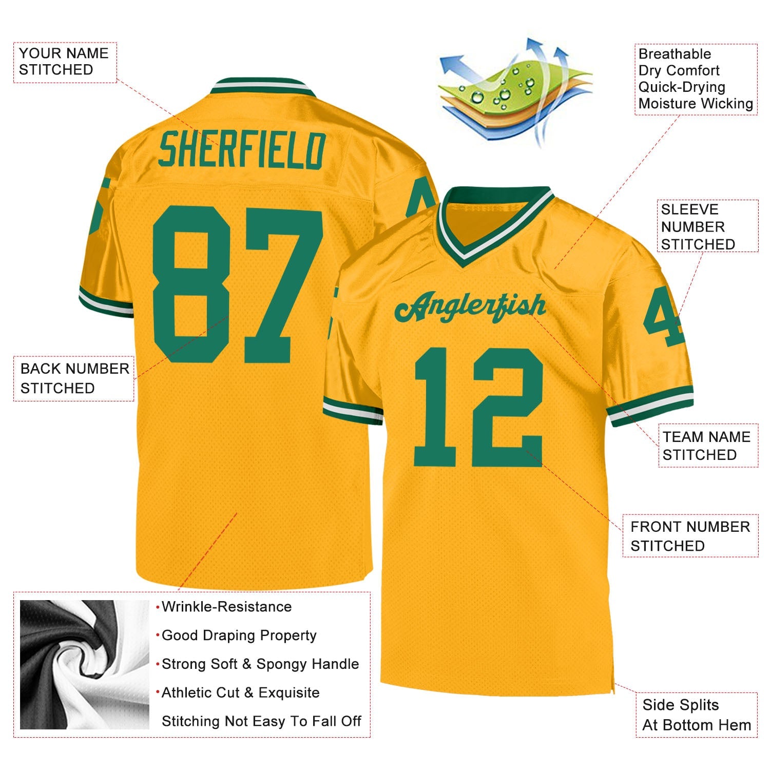 Custom Gold Kelly Green-White Mesh Authentic Throwback Football Jersey view 4