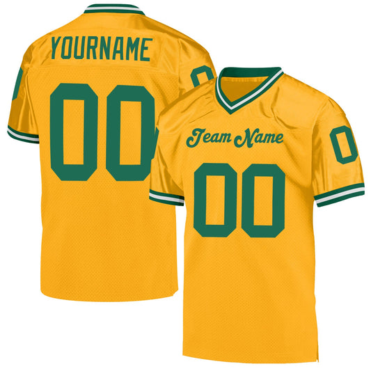 Custom Gold Kelly Green-White Mesh Authentic Throwback Football Jersey - Main View