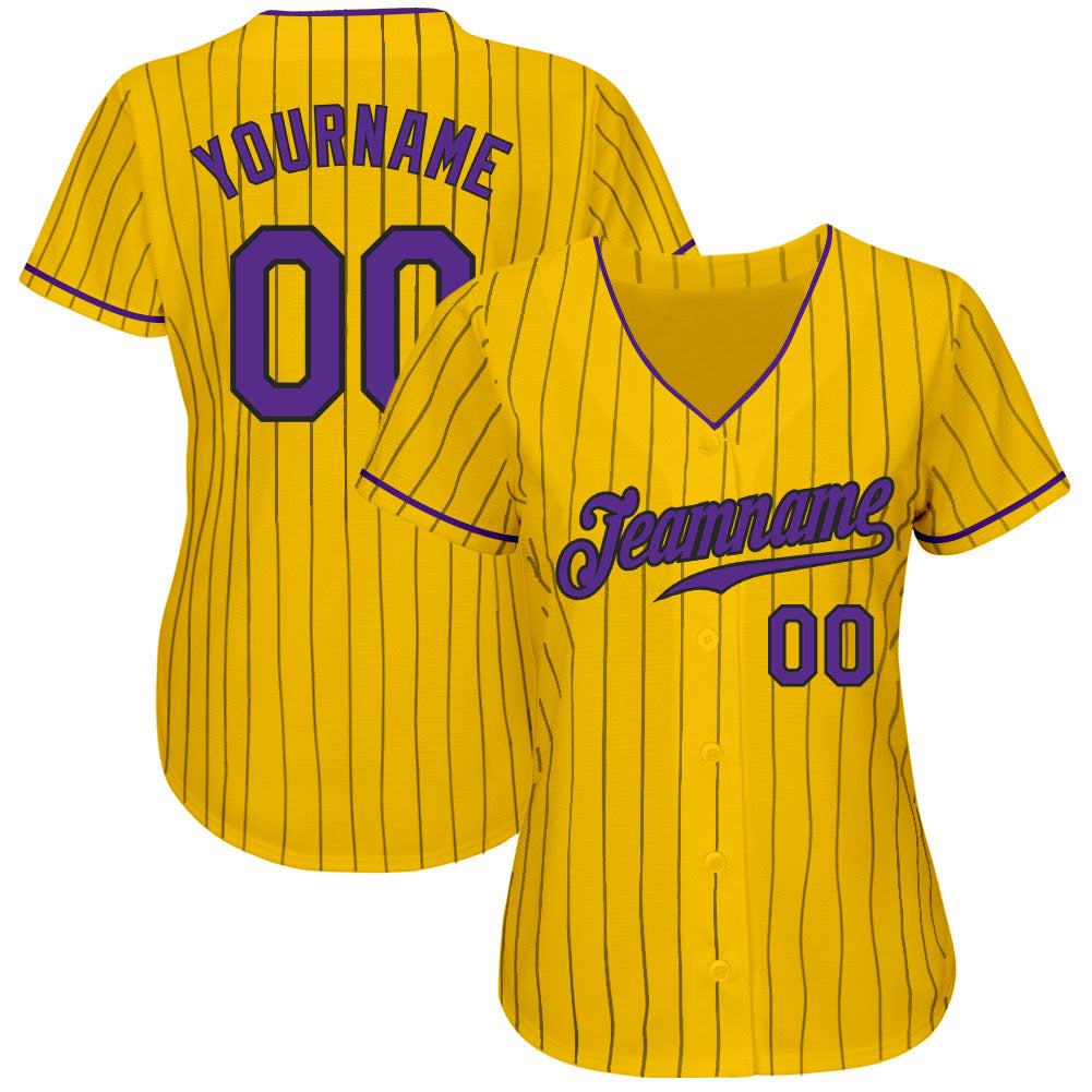 Custom Yellow Black Pinstripe Purple-Black Authentic Baseball Jersey view 2