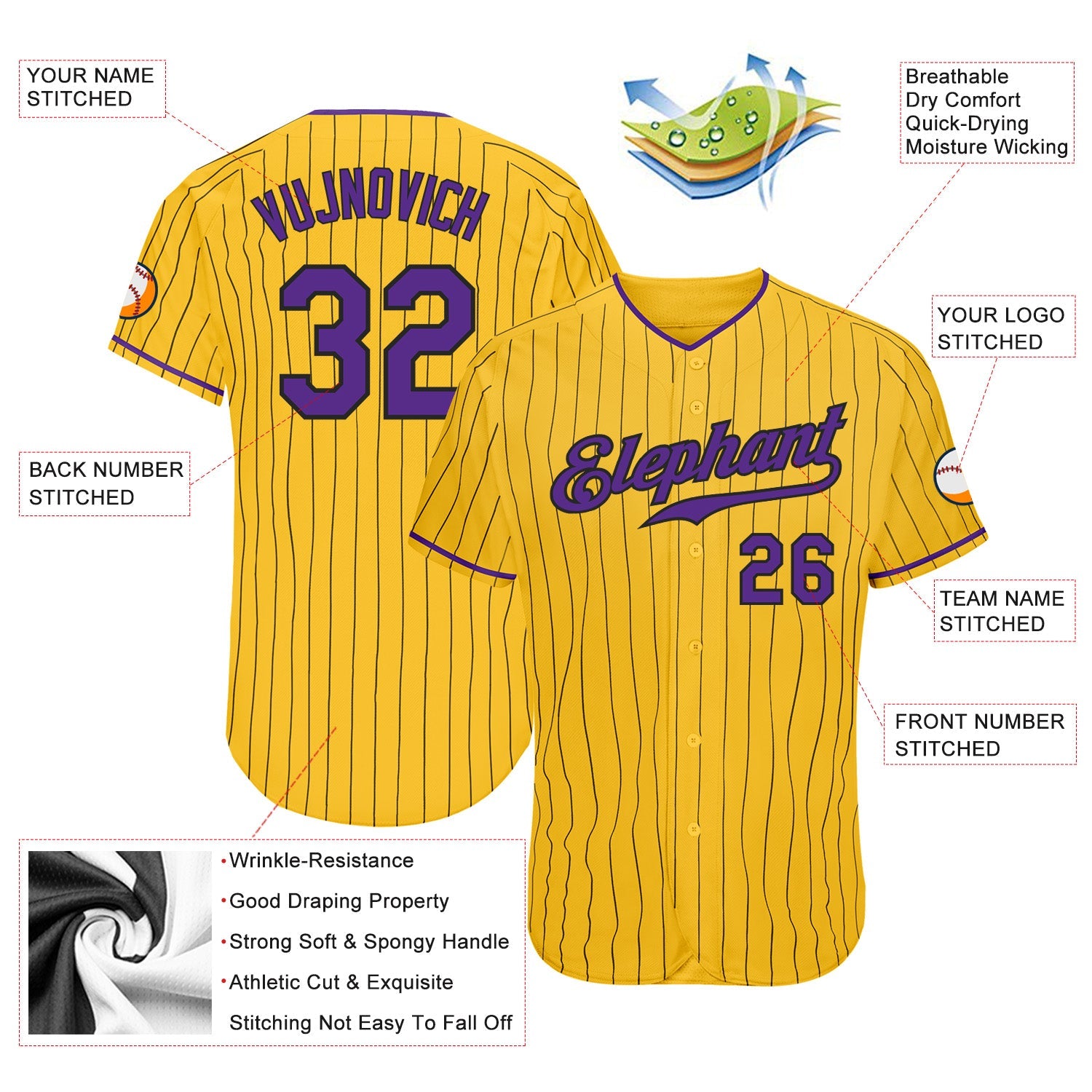 Custom Yellow Black Pinstripe Purple-Black Authentic Baseball Jersey view 3