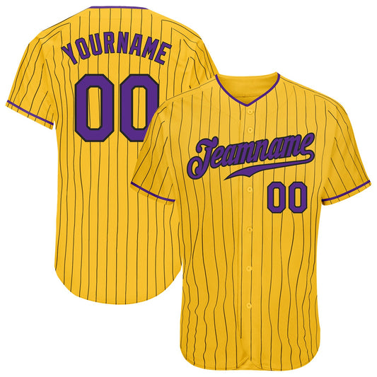Custom Yellow Black Pinstripe Purple-Black Authentic Baseball Jersey - Main View