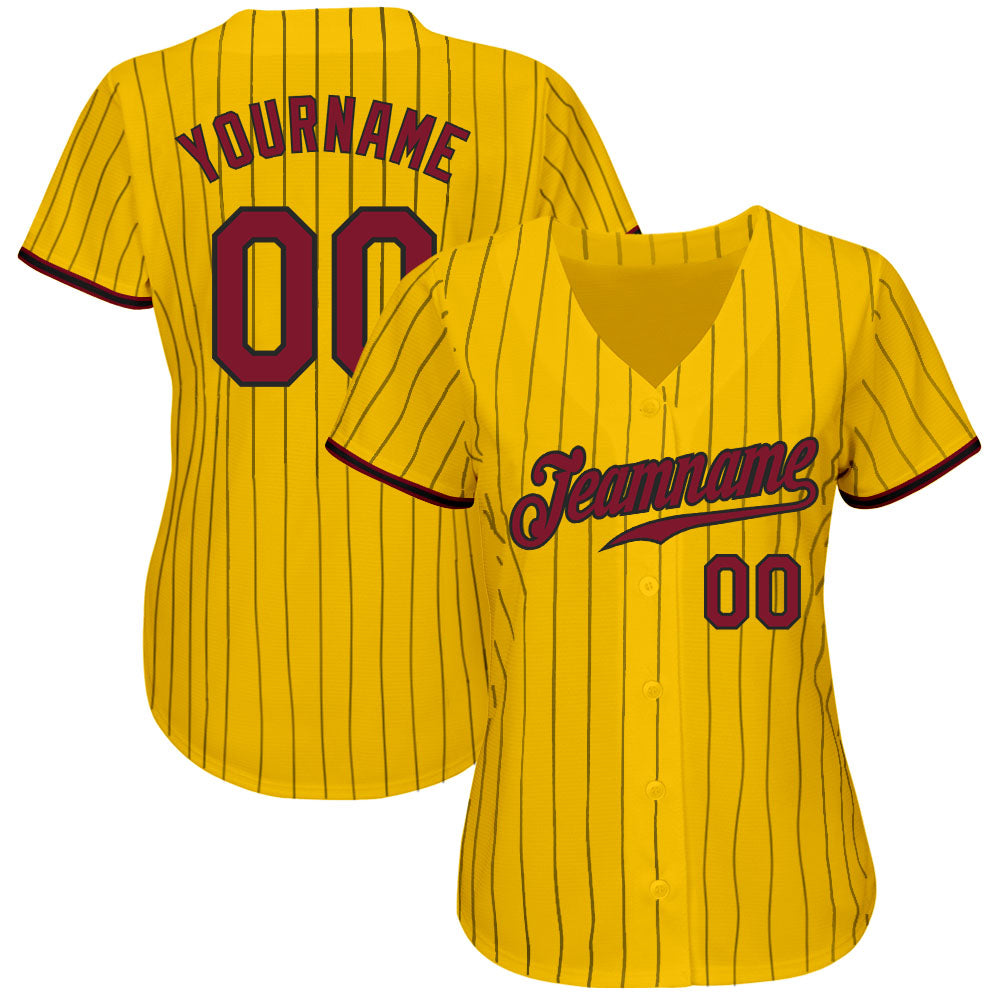 Custom Yellow Black Pinstripe Crimson-Black Authentic Baseball Jersey view 2