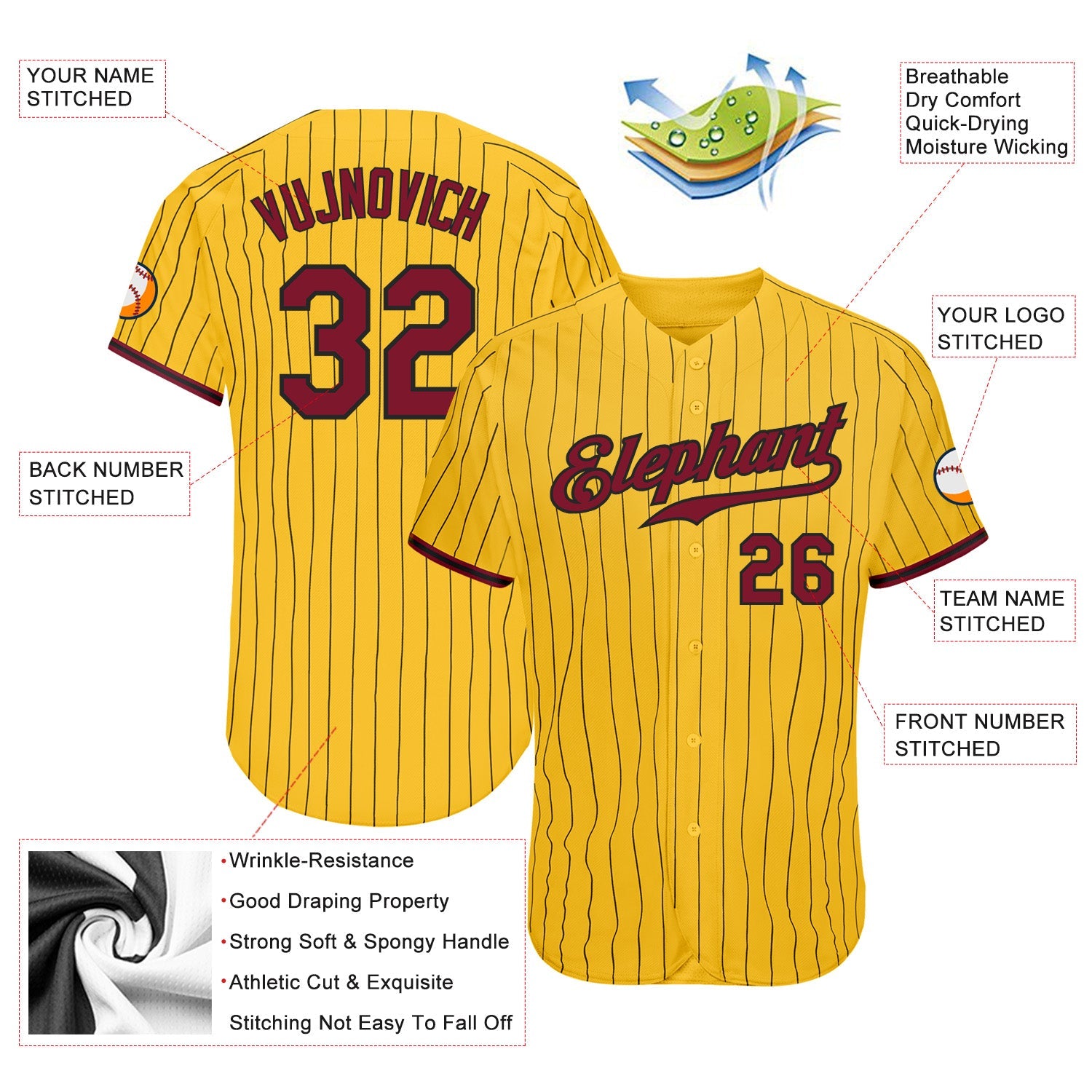 Custom Yellow Black Pinstripe Crimson-Black Authentic Baseball Jersey view 3