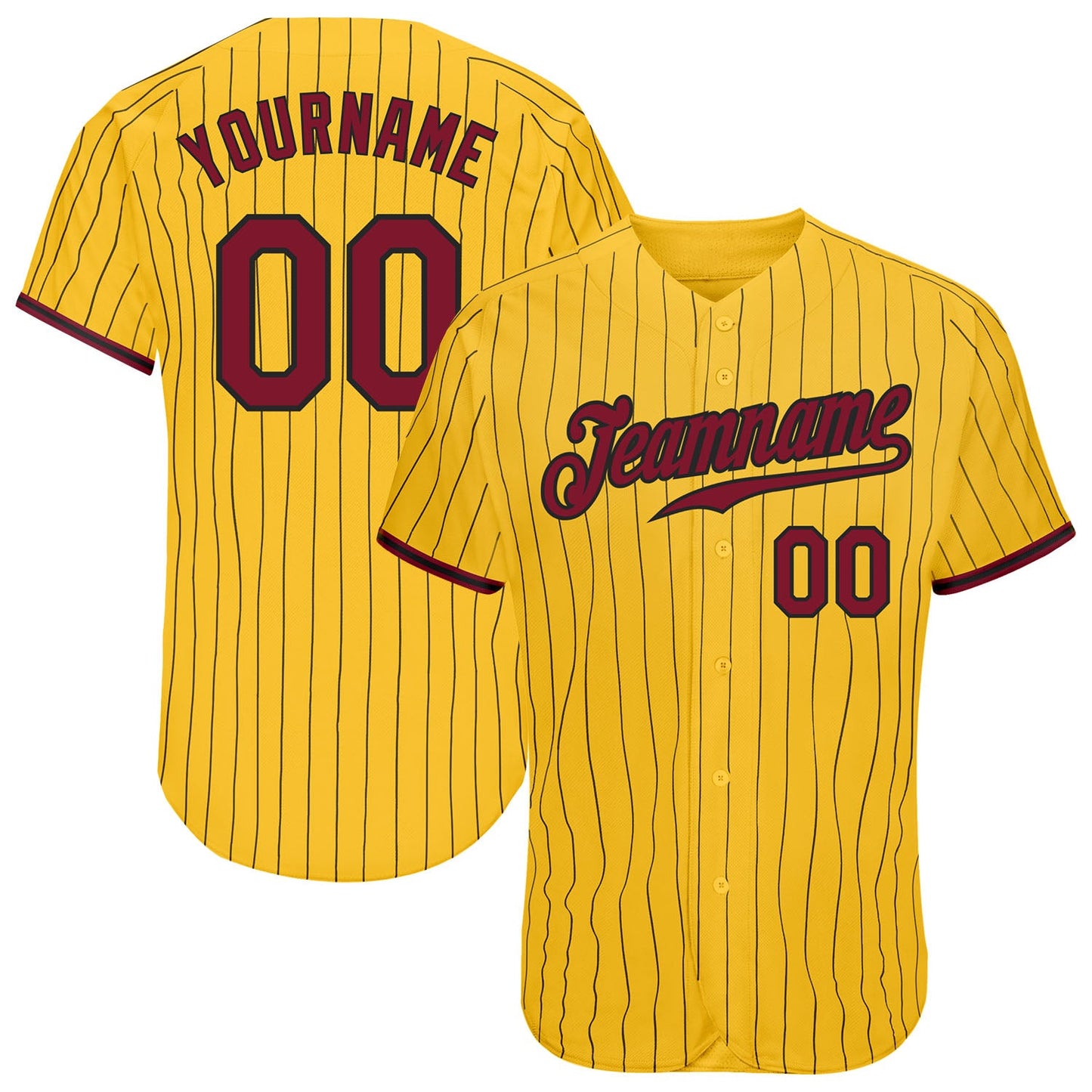 Custom Yellow Black Pinstripe Crimson-Black Authentic Baseball Jersey - Main View