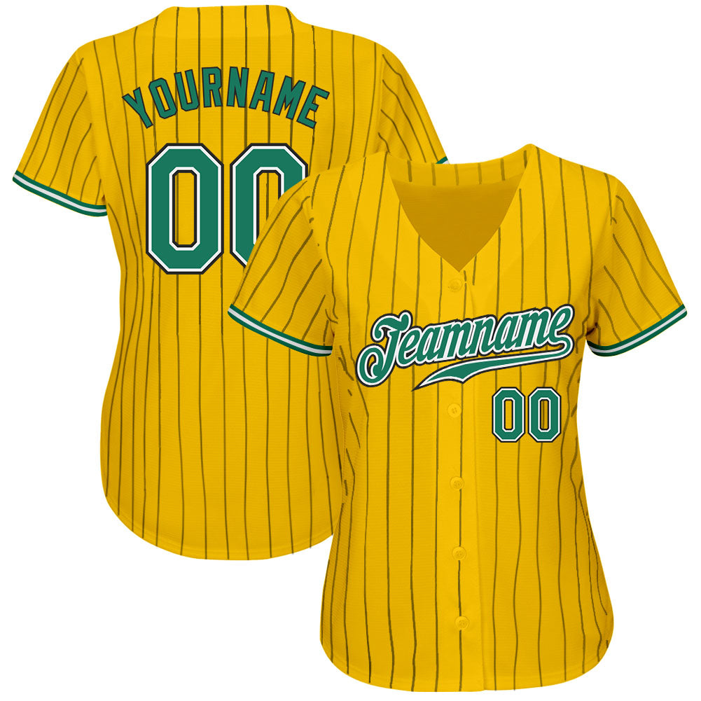 Custom Yellow Black Pinstripe Kelly Green-White Authentic Baseball Jersey view 2