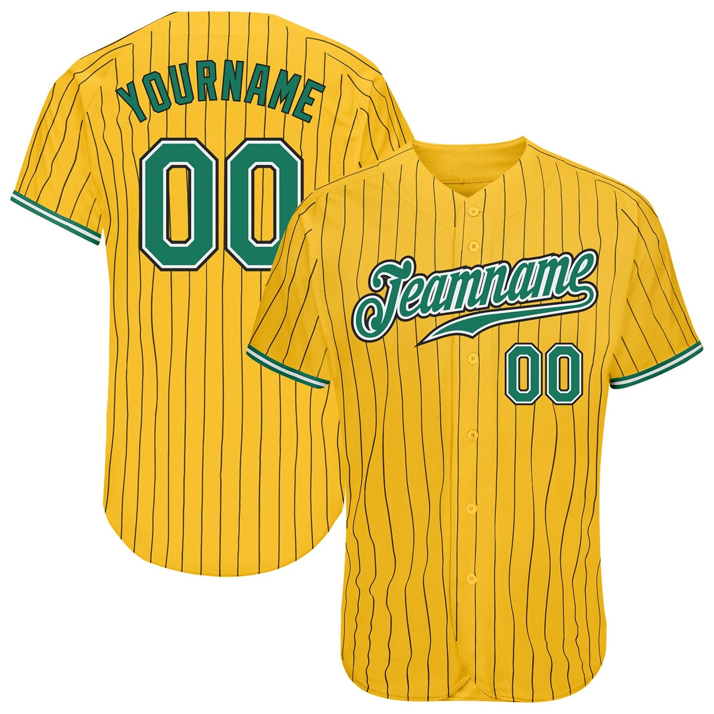 Custom Yellow Black Pinstripe Kelly Green-White Authentic Baseball Jersey - Main View