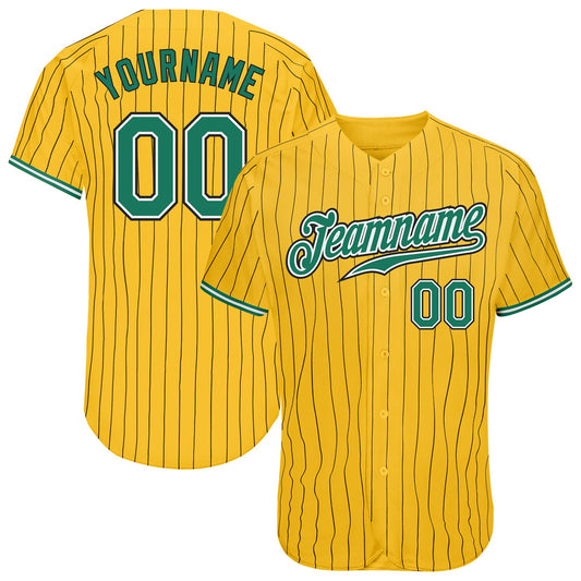 Custom Yellow Black Pinstripe Kelly Green-White Authentic Baseball Jersey - Main View