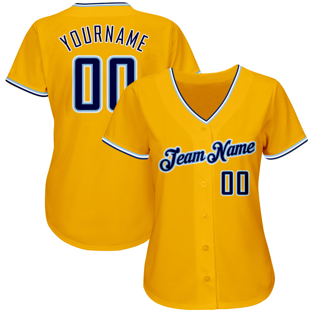 Custom Gold Navy-Light Blue Authentic Baseball Jersey view 2