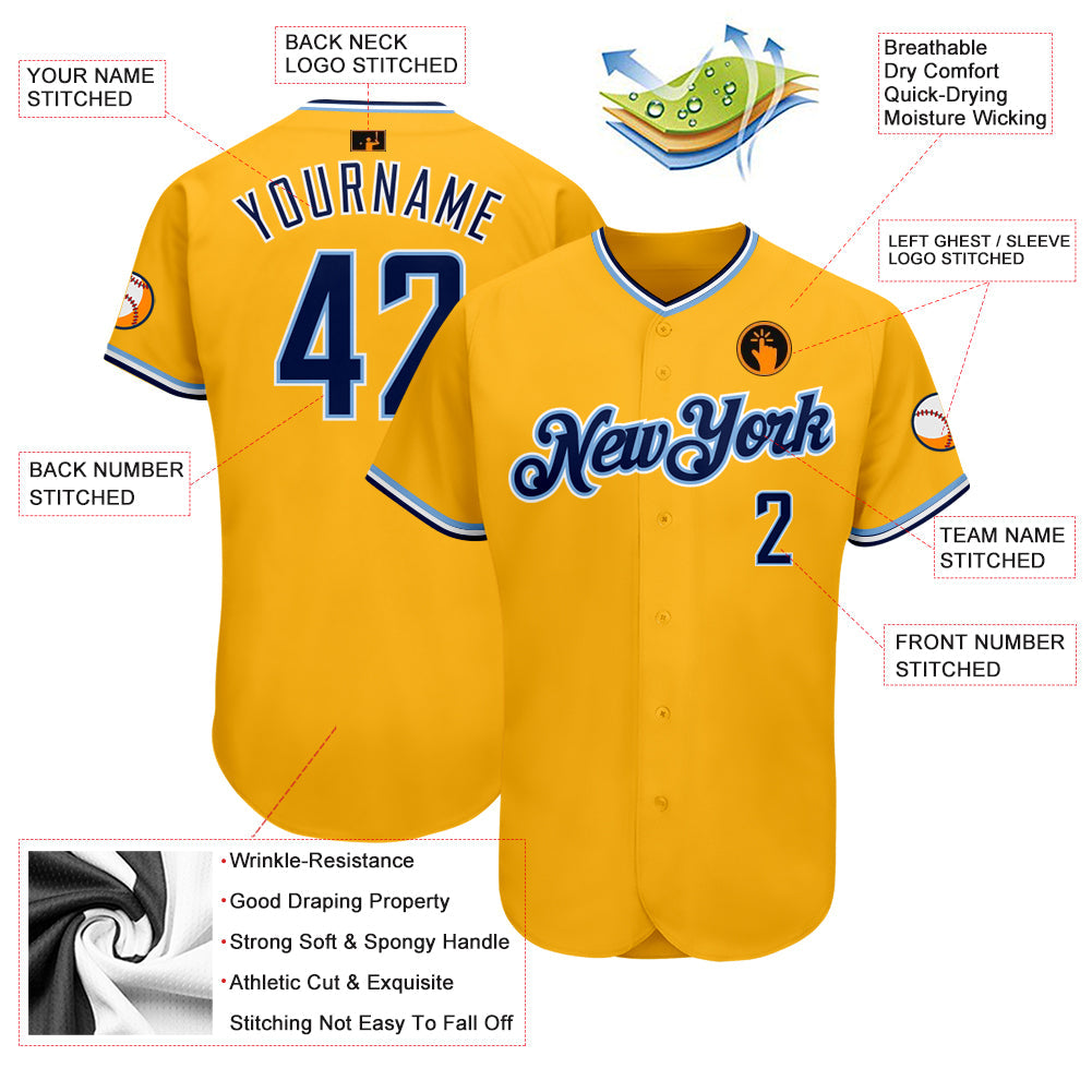 Custom Gold Navy-Light Blue Authentic Baseball Jersey view 3