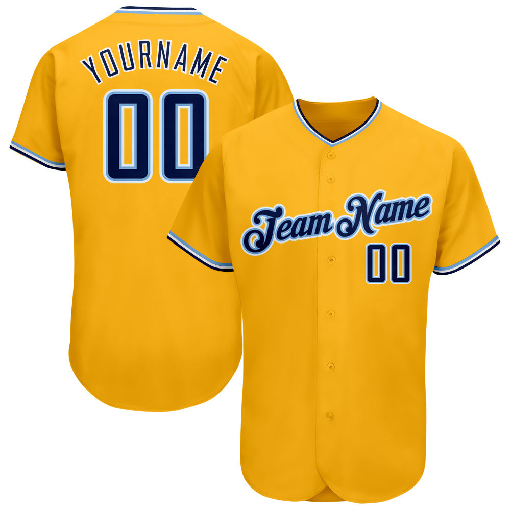 Custom Gold Navy-Light Blue Authentic Baseball Jersey - Main View