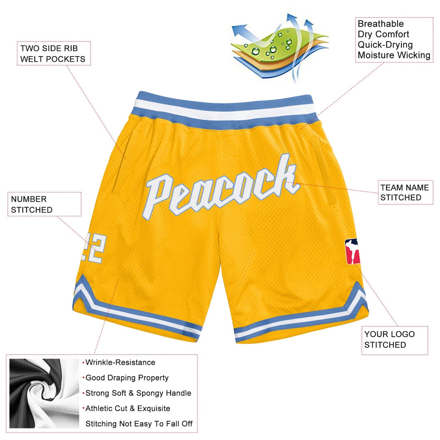 Custom Gold White-Light Blue Authentic Throwback Basketball Shorts view 2