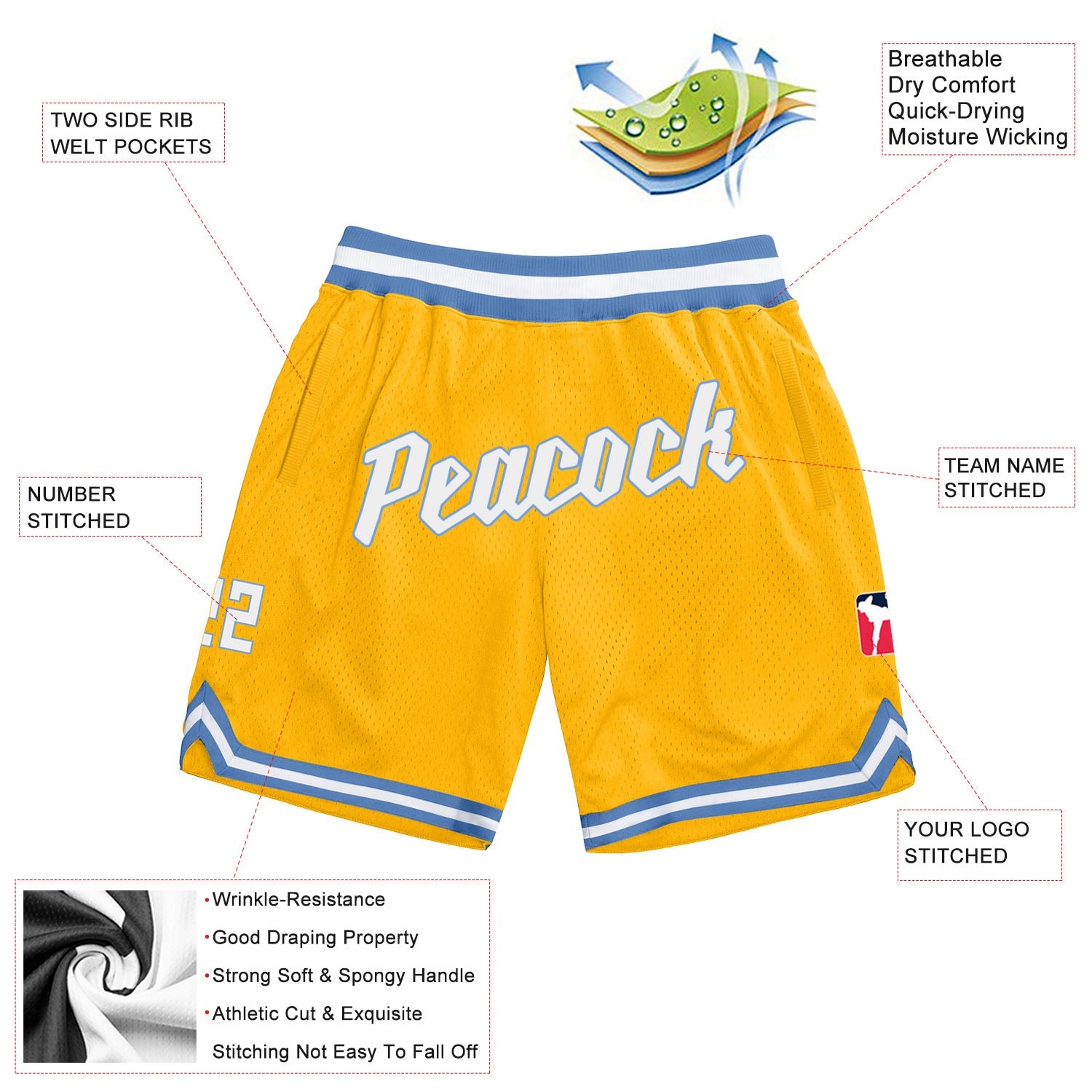 Custom Gold White-Light Blue Authentic Throwback Basketball Shorts view 2