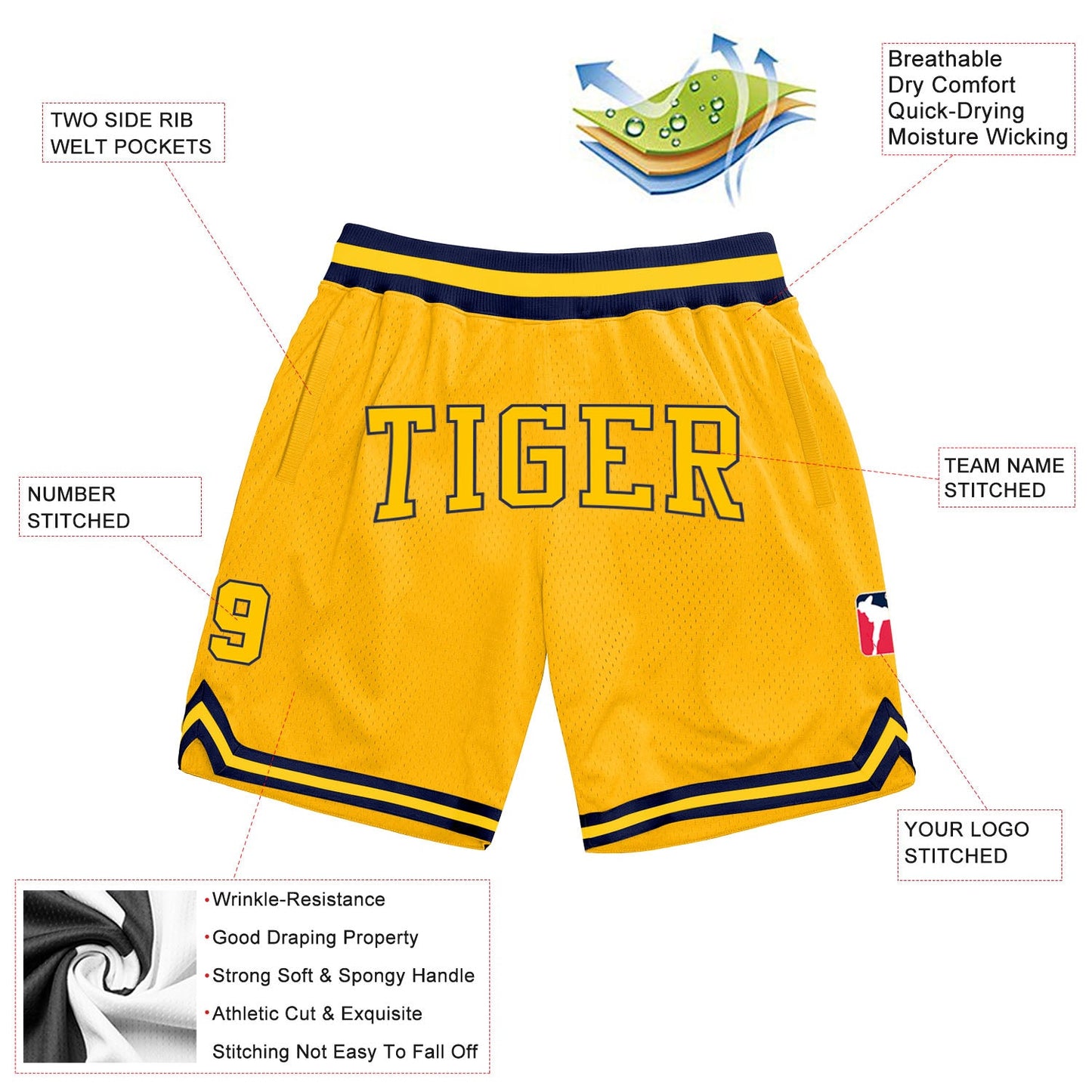 Custom Gold Gold-Navy Authentic Throwback Basketball Shorts view 2