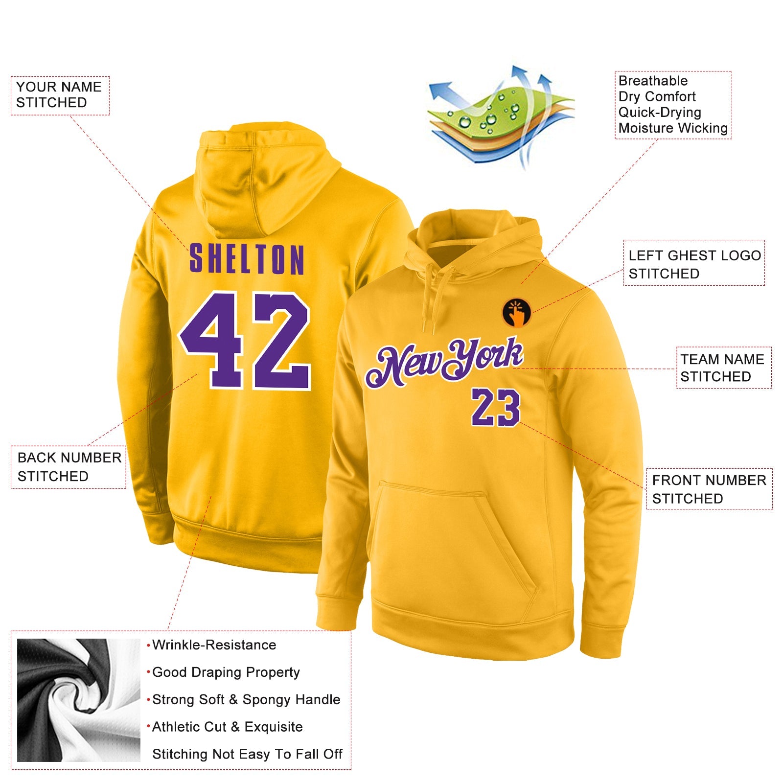 Custom Stitched Gold Purple-White Sports Pullover Sweatshirt Hoodie view 4