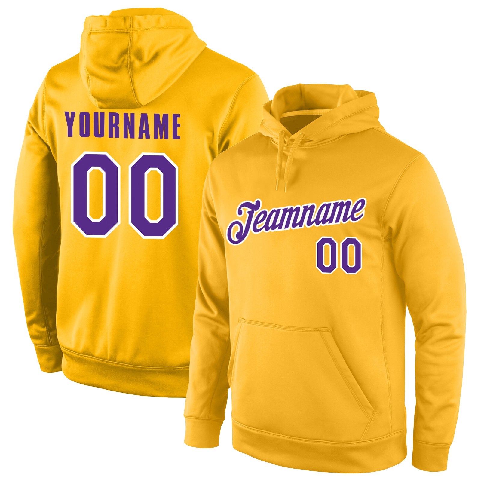 Custom Stitched Gold Purple-White Sports Pullover Sweatshirt Hoodie - Main View