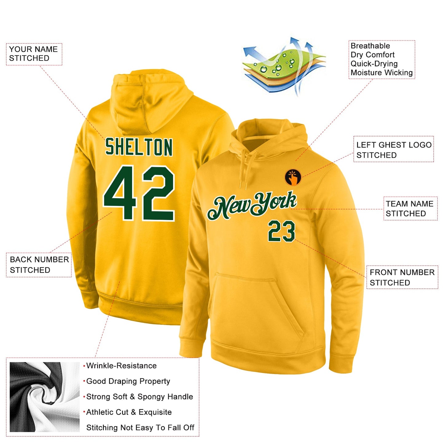Custom Stitched Gold Green-White Sports Pullover Sweatshirt Hoodie view 4