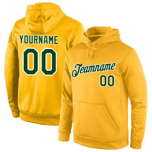 Custom Stitched Gold Green-White Sports Pullover Sweatshirt Hoodie - Main View
