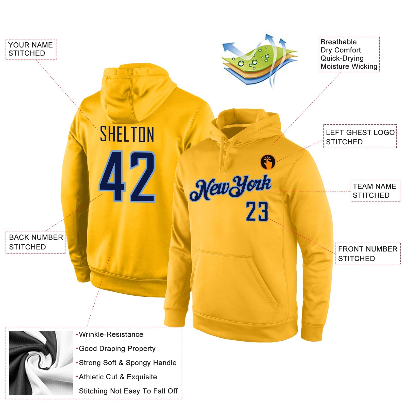 Custom Stitched Gold Navy-Light Blue Sports Pullover Sweatshirt Hoodie view 4