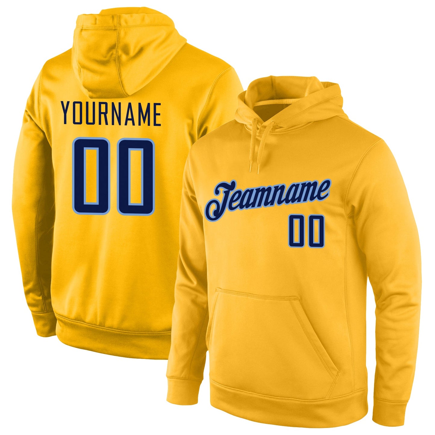 Custom Stitched Gold Navy-Light Blue Sports Pullover Sweatshirt Hoodie - Main View
